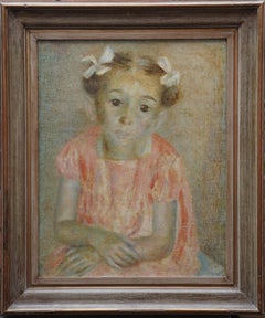 Vintage The Party Frock - British 1940's art female child portrait oil painting exhib RA