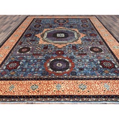 Dodger Blue Mamluk Dynasty Pattern Hand Knotted Wool Oriental Rug 10'1" x 13'5"