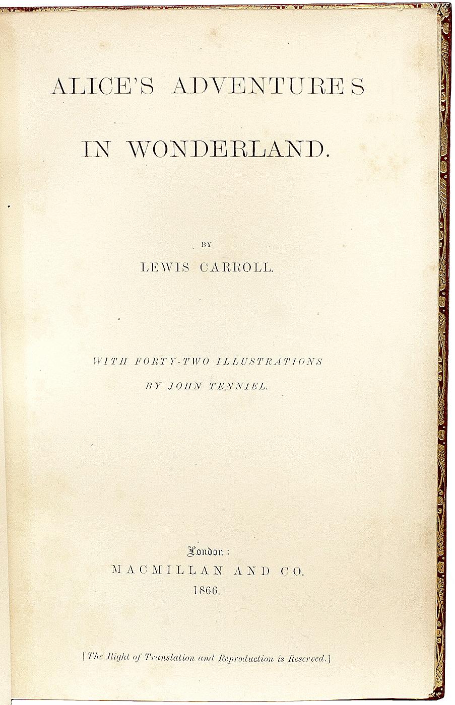 American DODGSON - Carroll. Alice's Adventures in Wonderland. 1866 - FIRST LONDON EDITION For Sale
