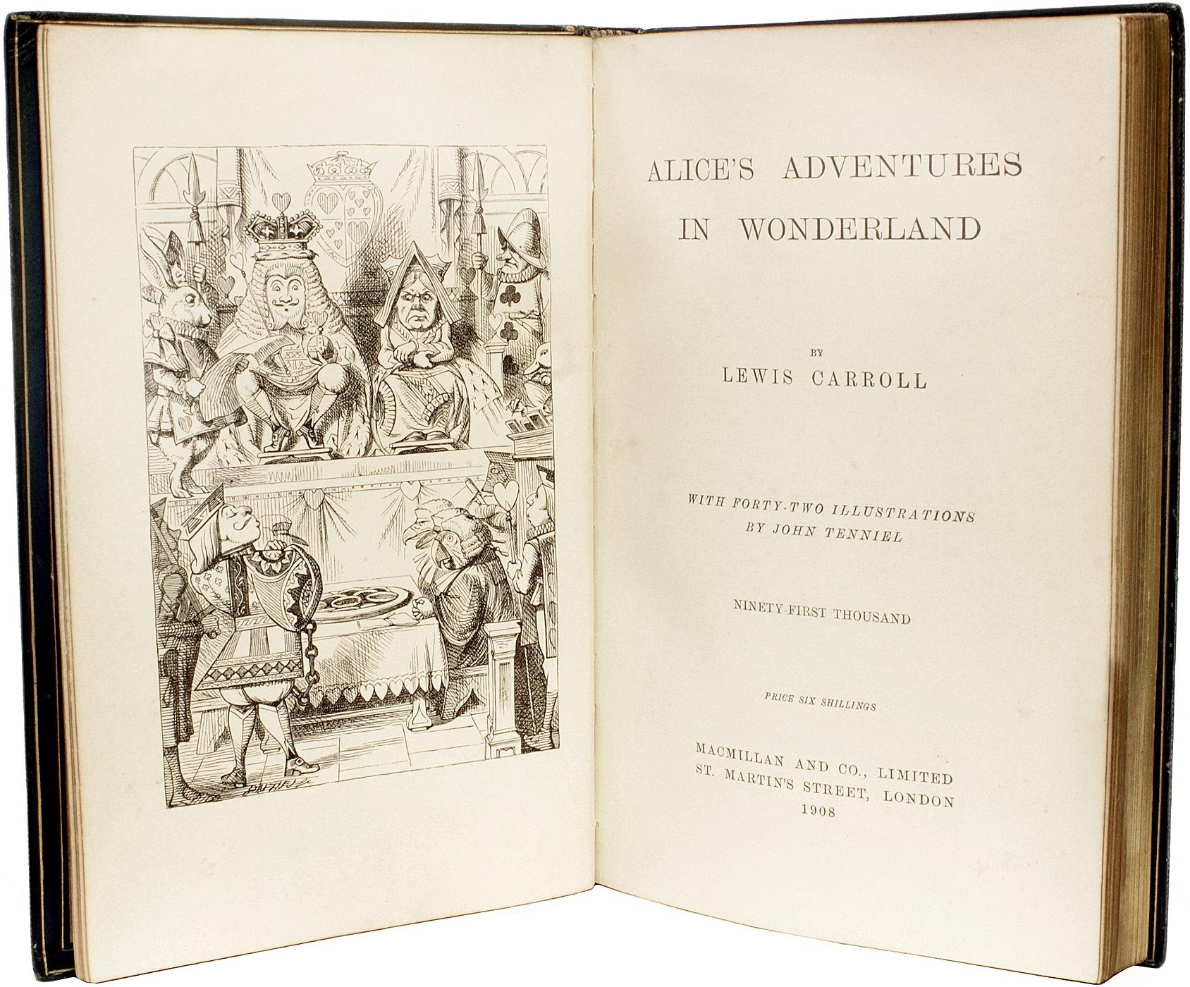 AUTEUR : DODGSON, Charles Lutwidge : (Lewis Carroll). 

TITRE : Les aventures d'Alice au pays des merveilles. Londres : Macmillan and Co, 1908.

DESCRIPTION : EXEMPLAIRE DE PRÉSENTATION. 1 vol., 7-5/8