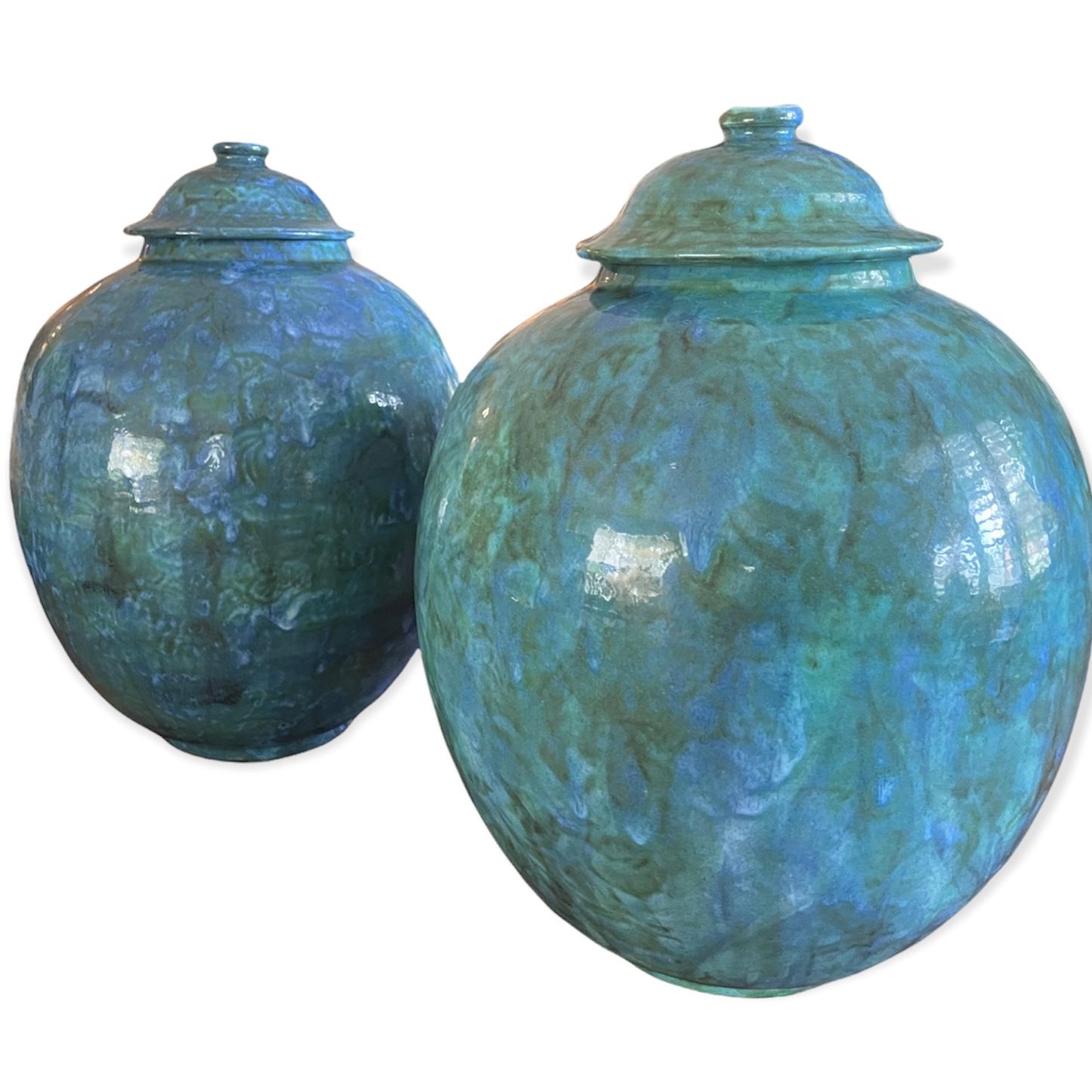 Circa 1968 Pottery Queen of Palm Beach, This pair is a show stopper, it was believed that these were the last consignment if pottery of this type. Dodie was know for Lettuce-ware. What is so cool is they are both signed by Dodie herself and are a