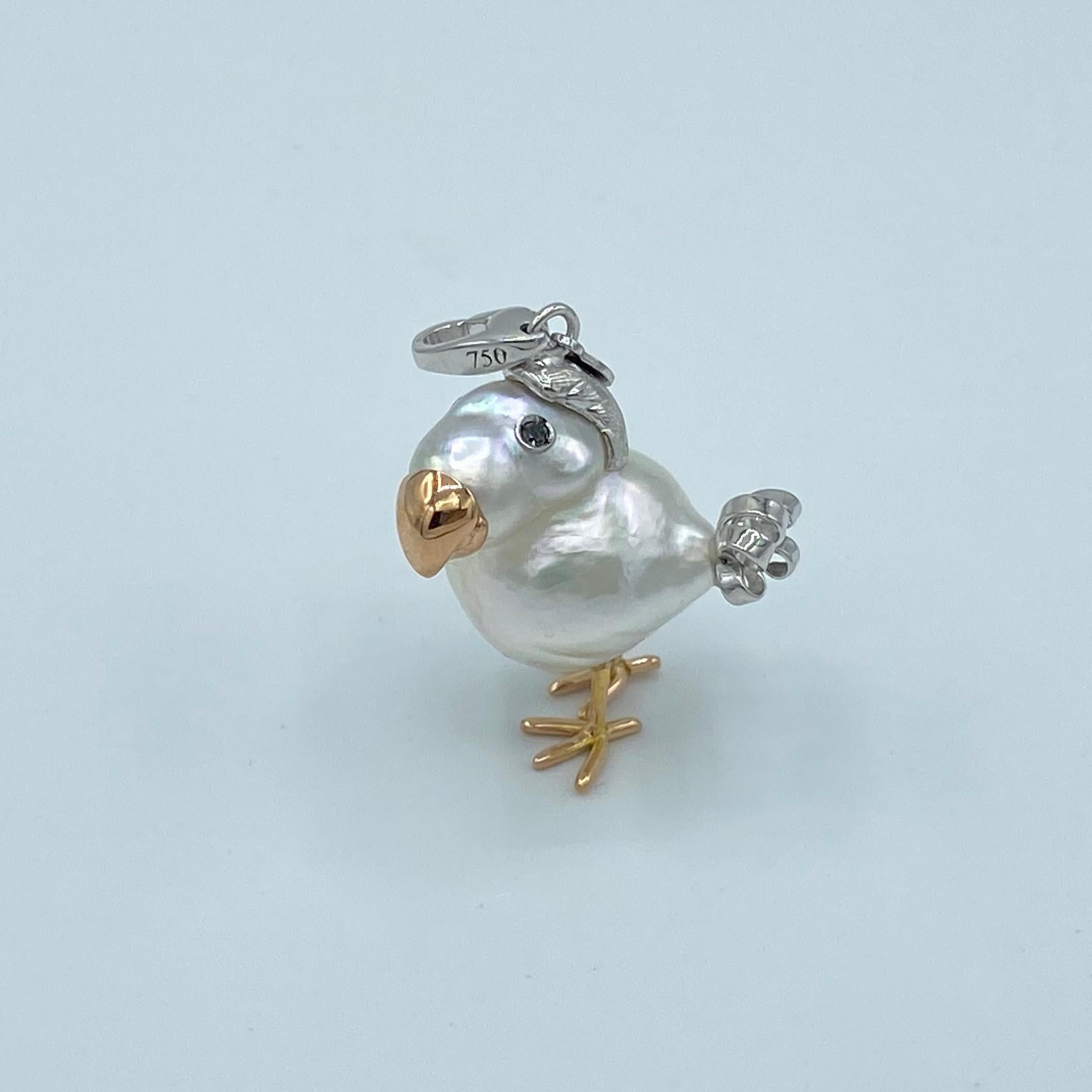 Round Cut Dodo Australian Black Diamond Pearl White Red 18Kt Gold Charm Pendant Necklace