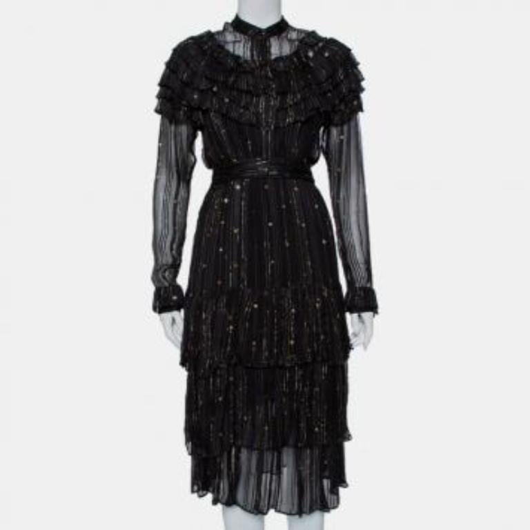 Dodo Bar Or Black Lurex Chiffon Ruffle Detail Tiered Belted Midi Dress M For Sale 6