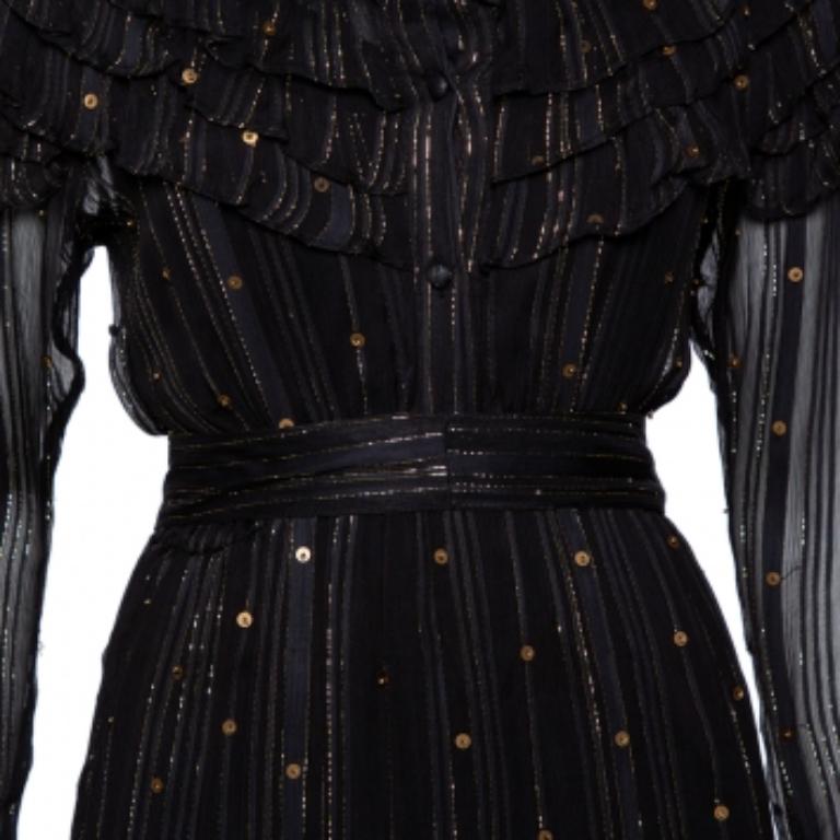 Dodo Bar Or Black Lurex Chiffon Ruffle Detail Tiered Belted Midi Dress M In Good Condition For Sale In Dubai, Al Qouz 2