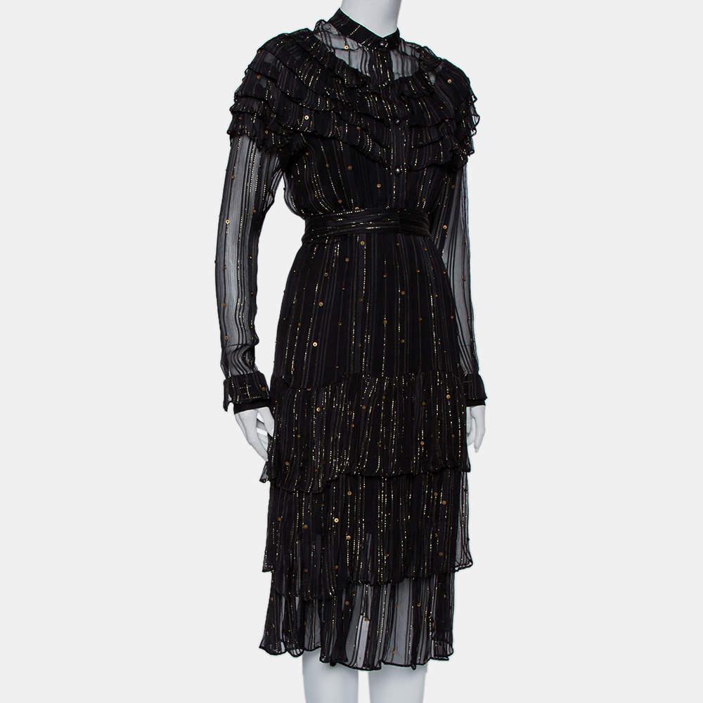Dodo Bar Or Black Lurex Chiffon Ruffle Detail Tiered Belted Midi Dress M In New Condition For Sale In Dubai, Al Qouz 2
