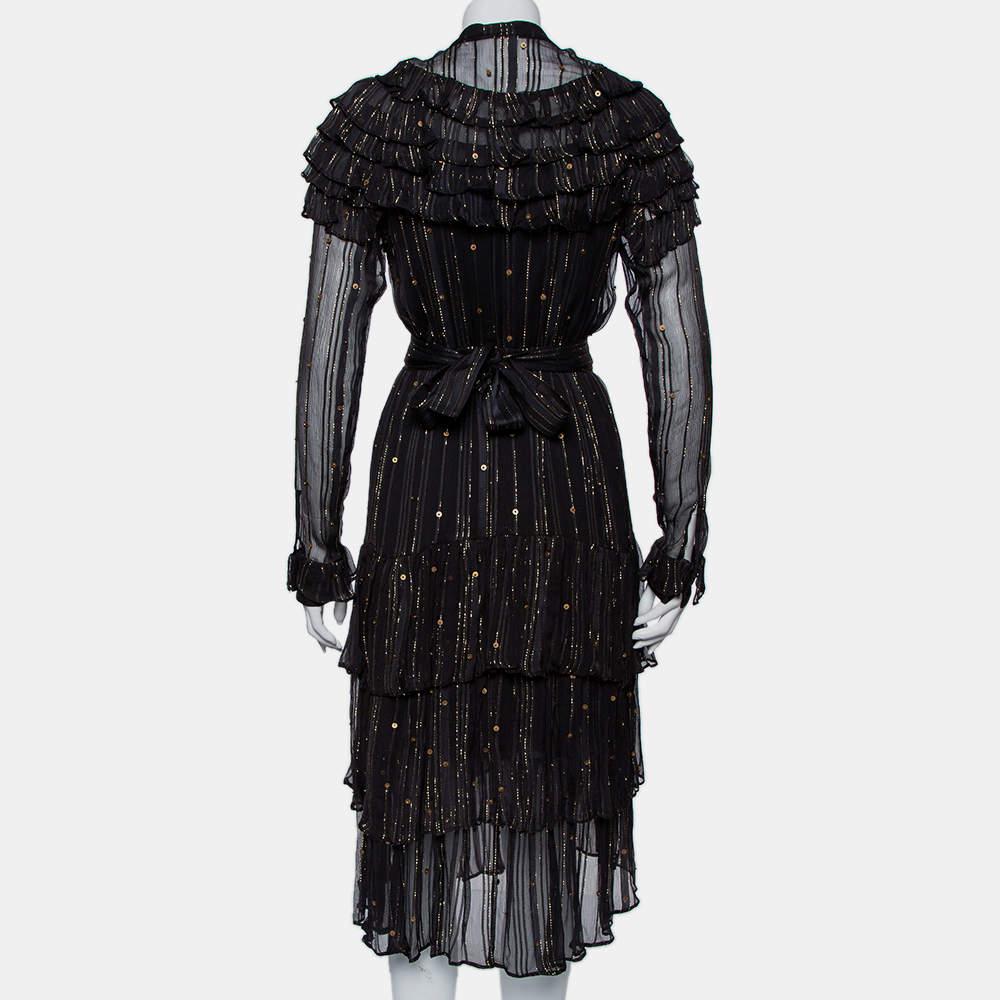 Women's Dodo Bar Or Black Lurex Chiffon Ruffle Detail Tiered Belted Midi Dress M For Sale