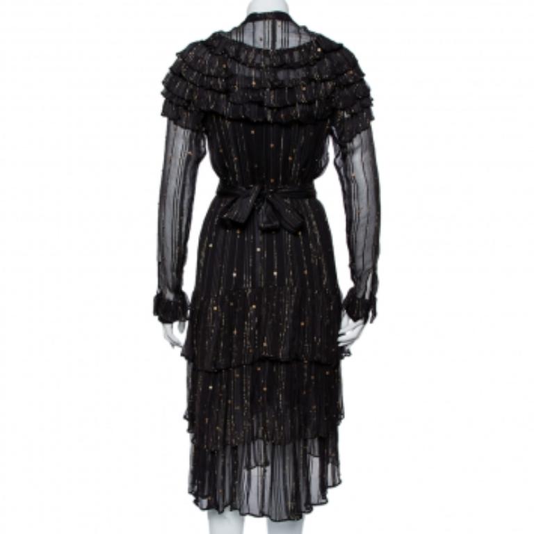 Dodo Bar Or Black Lurex Chiffon Ruffle Detail Tiered Belted Midi Dress M For Sale 2
