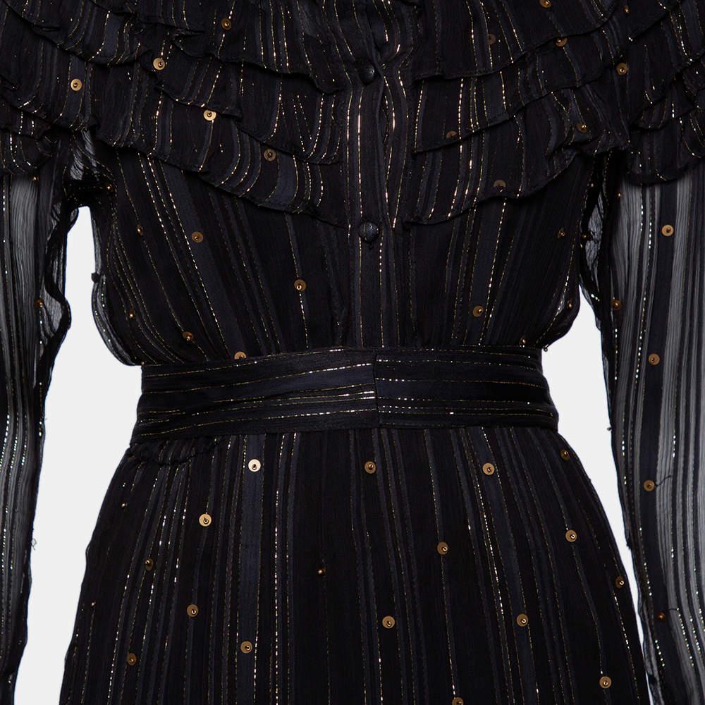Dodo Bar Or Black Lurex Chiffon Ruffle Detail Tiered Belted Midi Dress M For Sale 2