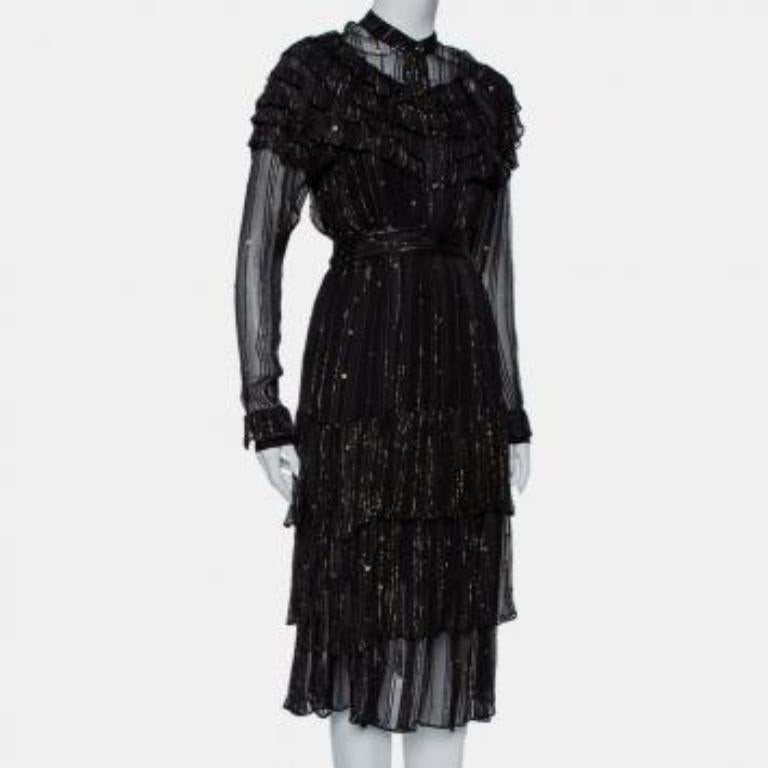 Dodo Bar Or Black Lurex Chiffon Ruffle Detail Tiered Belted Midi Dress M For Sale 4