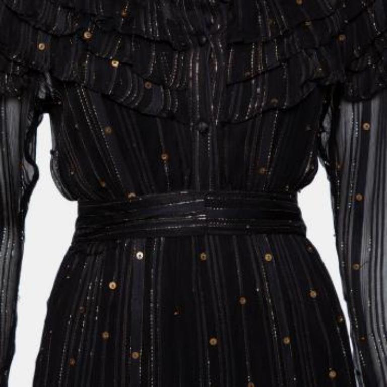 Dodo Bar Or Black Lurex Chiffon Ruffle Detail Tiered Belted Midi Dress M For Sale 5