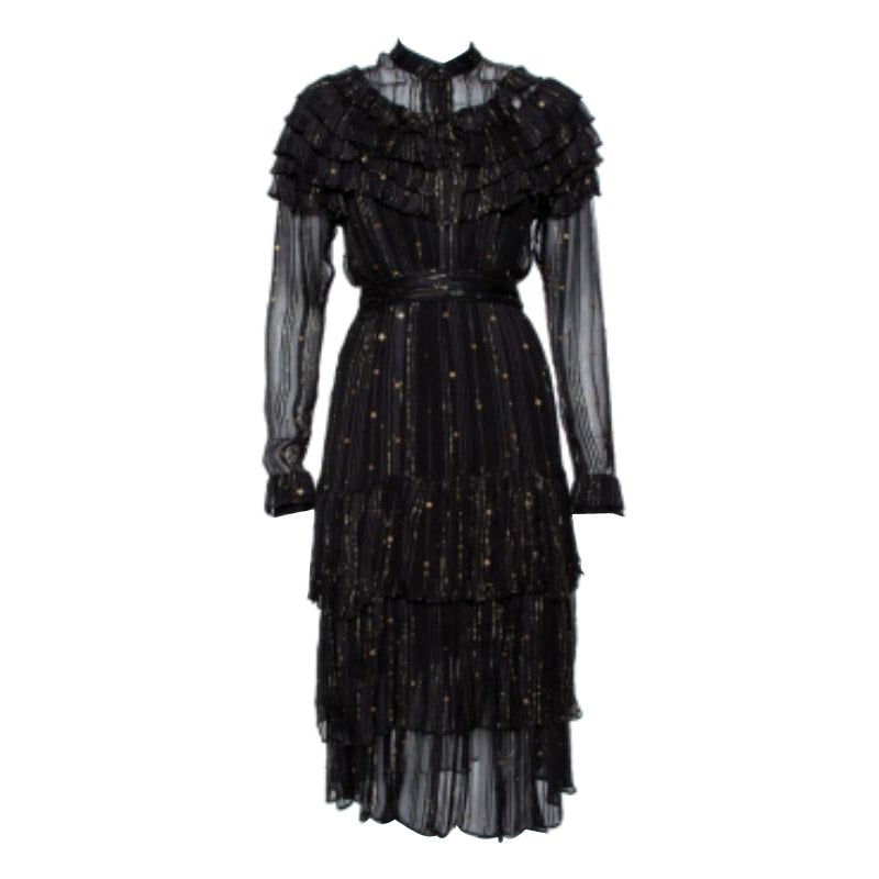 Dodo Bar Or Black Lurex Chiffon Ruffle Detail Tiered Belted Midi Dress M