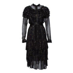Dodo Bar Or Black Lurex Chiffon Ruffle Detail Tiered Belted Midi Dress M