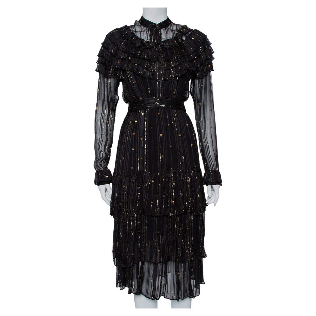 Dodo Bar Or Black Lurex Chiffon Ruffle Detail Tiered Belted Midi Dress M For Sale