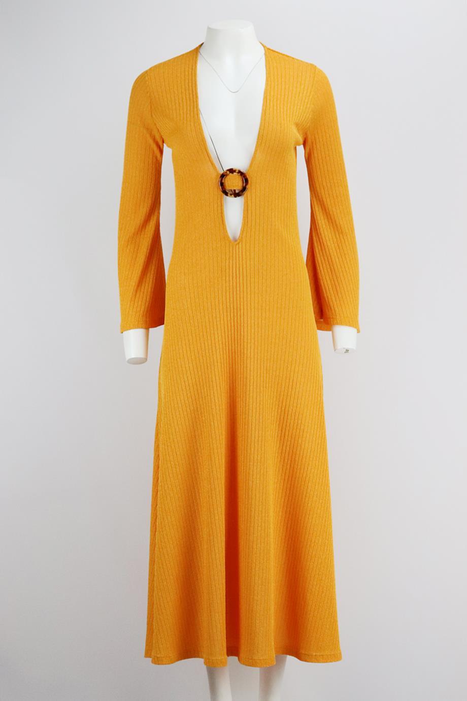 Dodo Bar Or cutout ribbed knit midi dress. Orange. Long sleeve, v-neck. Slips on. 100% Polyester. Size: IT 40 (UK 8, US 4, FR 36). Bust: 31 in. Waist: 28 in. Hips: 52 in. Length: 54 in. Very good condition - No sign of wear; see pictures.
