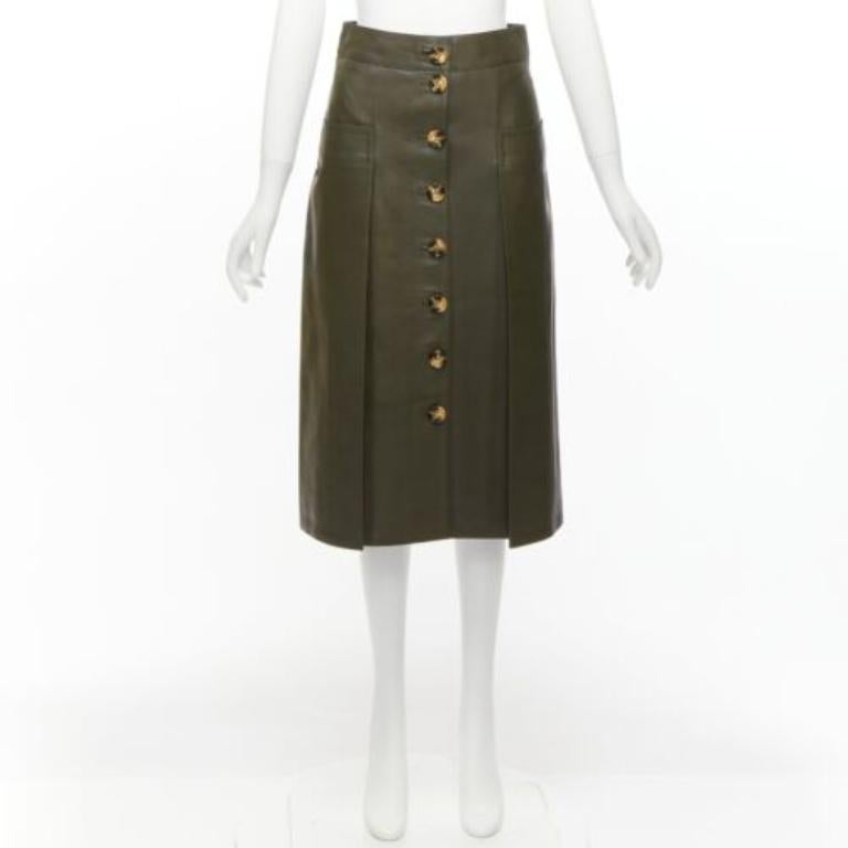 DODO BAR OR gonna a pieghe con bottoni a conchiglia in vera pelle verde scuro IT40 in vendita 4