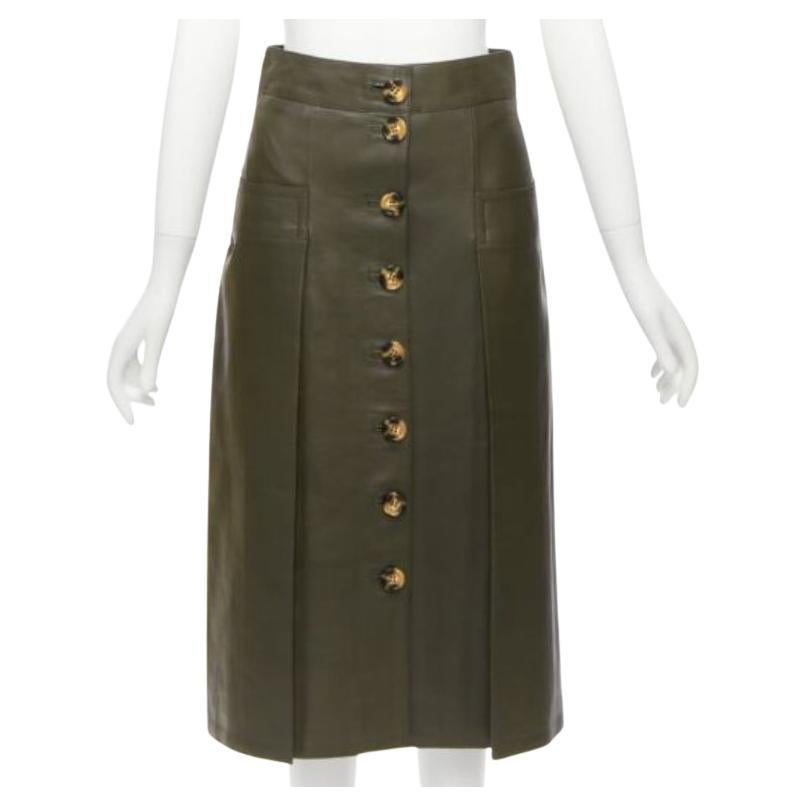 DODO BAR OR gonna a pieghe con bottoni a conchiglia in vera pelle verde scuro IT40 in vendita