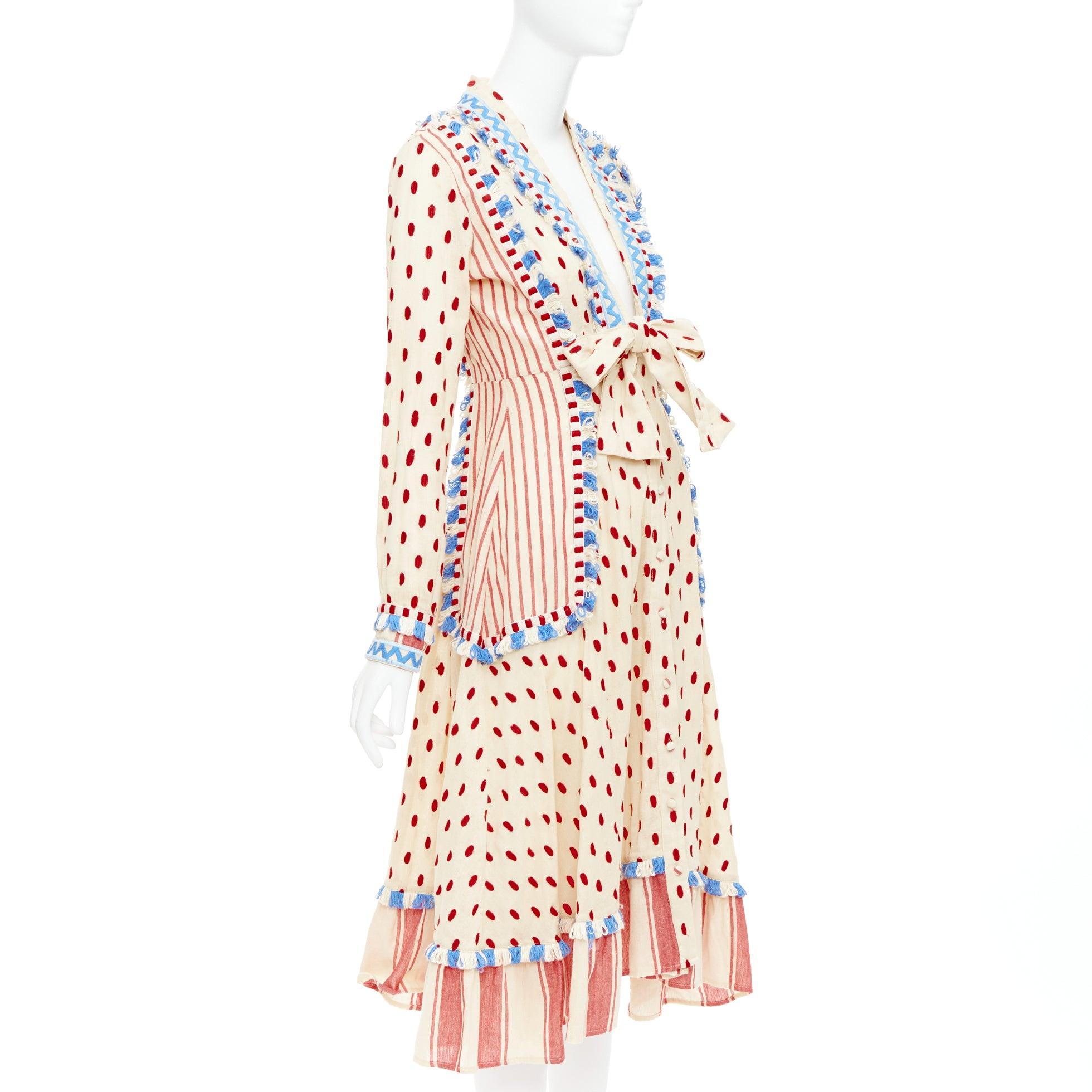 Beige DODO BAR OR Padma beige red blue knotted embroidery cotton gauze boho dress US0