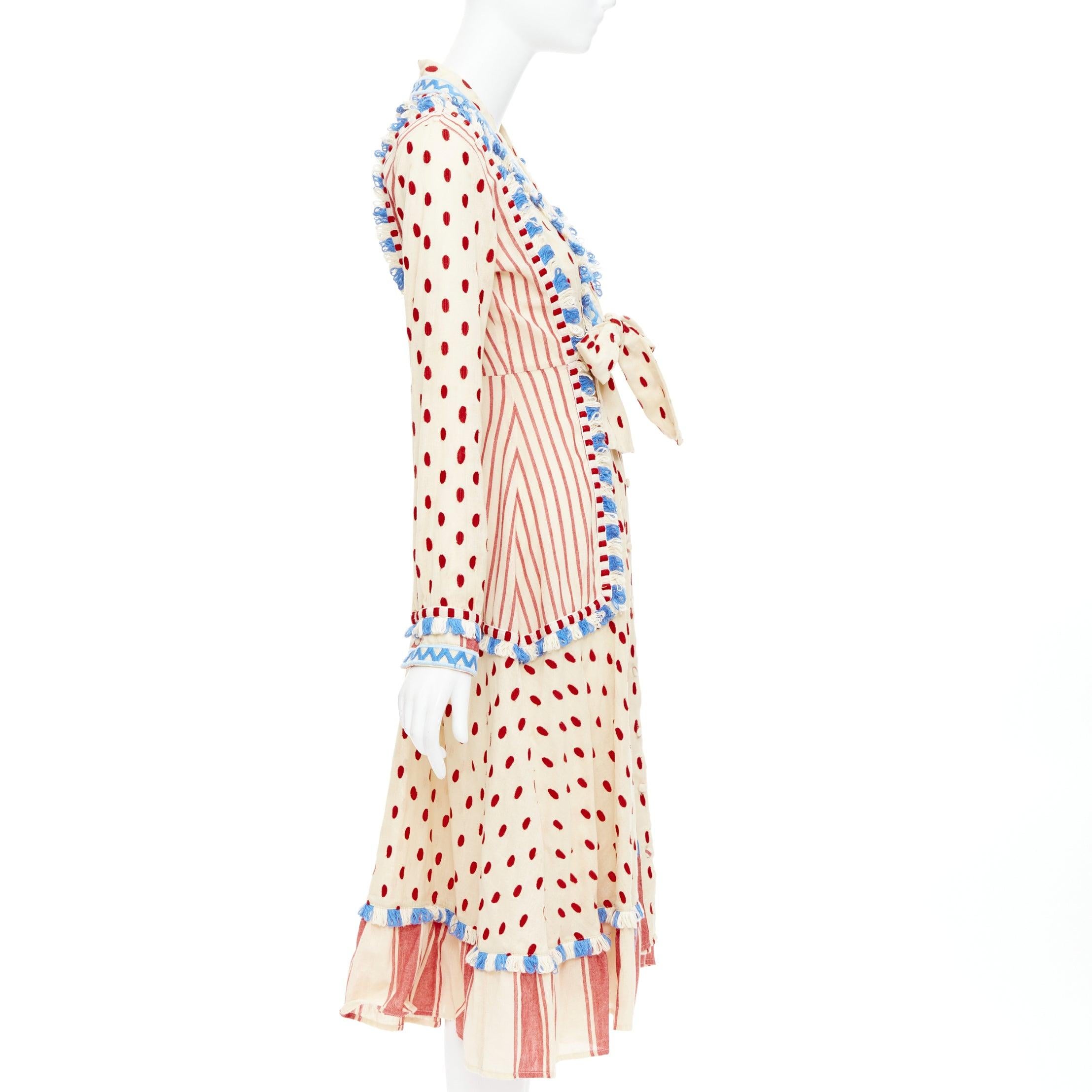 DODO BAR OR Padma beige red blue knotted embroidery cotton gauze boho dress US0 In Fair Condition In Hong Kong, NT