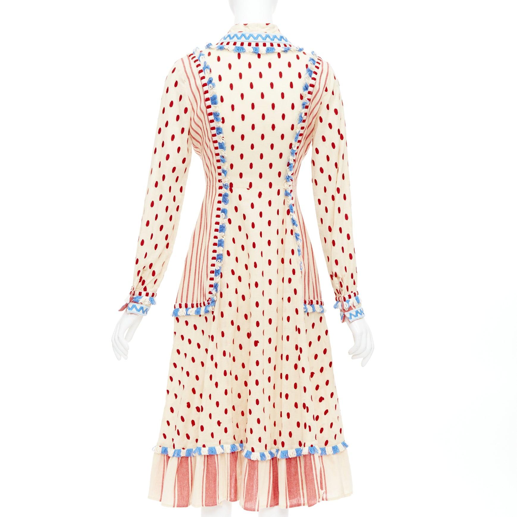 Women's DODO BAR OR Padma beige red blue knotted embroidery cotton gauze boho dress US0