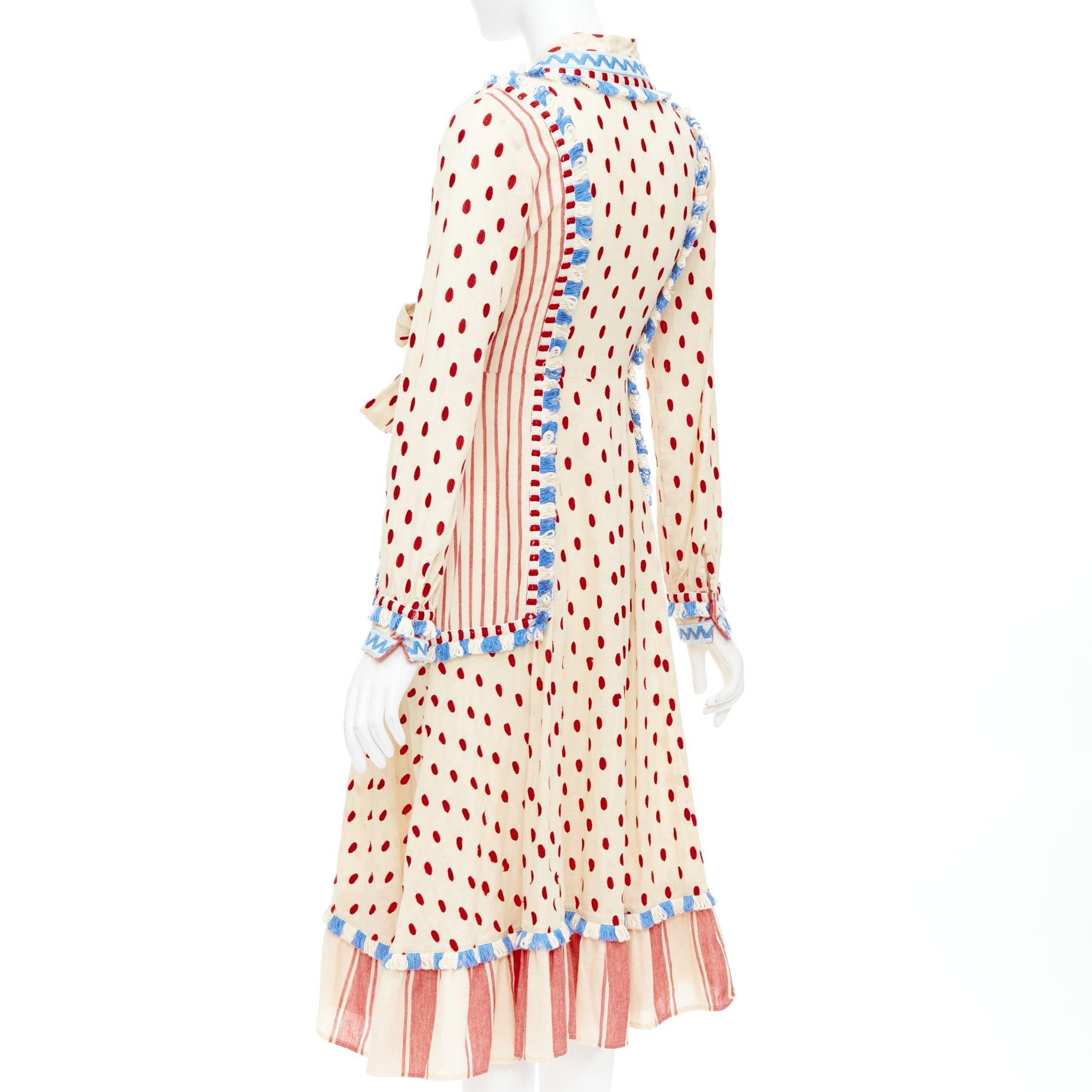 DODO BAR OR Padma beige red blue knotted embroidery cotton gauze boho dress US0 1