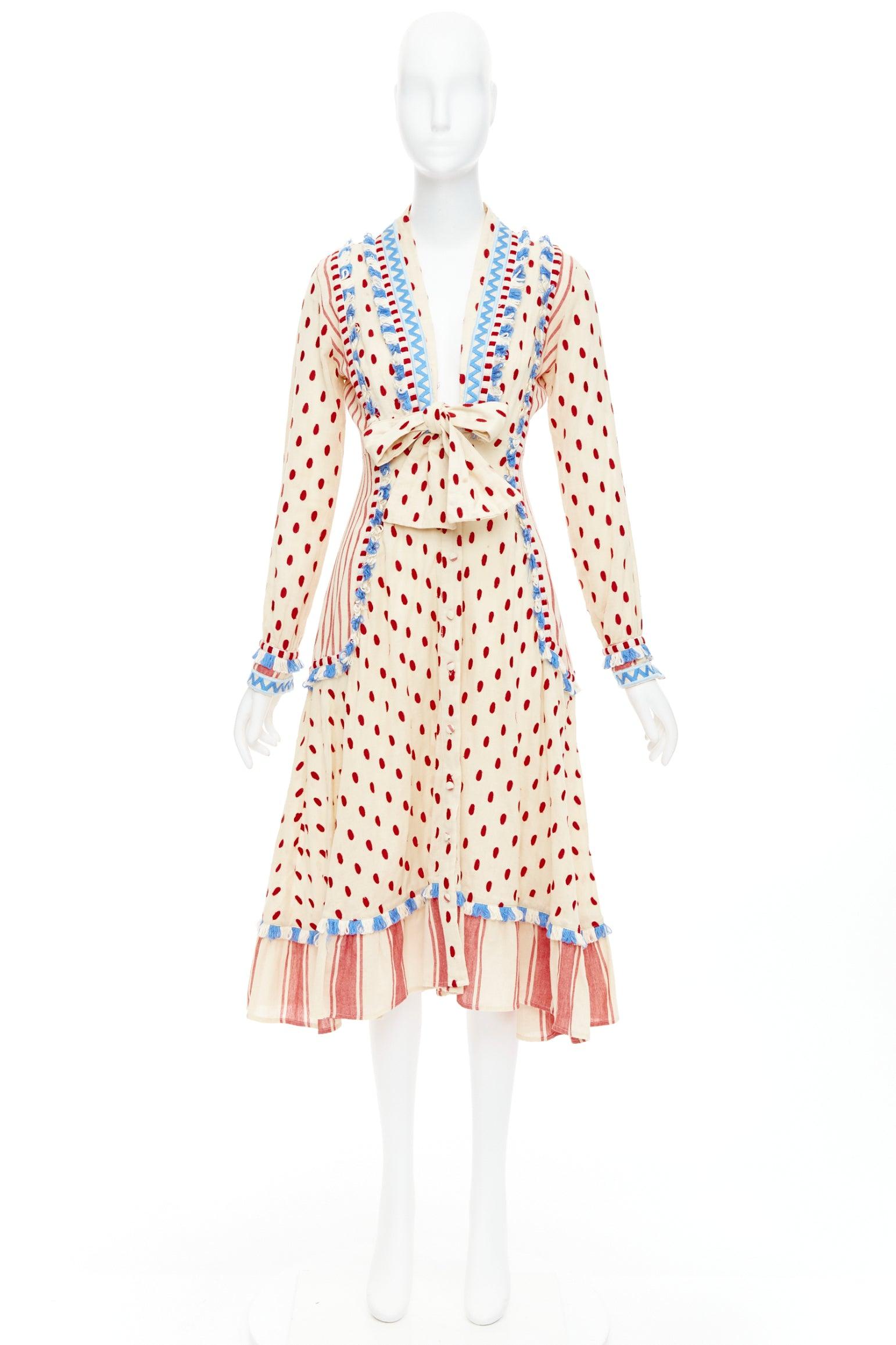 DODO BAR OR Padma beige red blue knotted embroidery cotton gauze boho dress US0 4