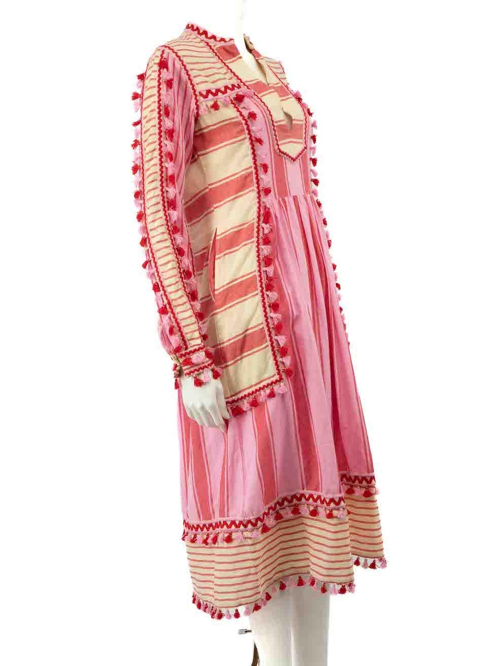 CONDITION is Very good. Minimal wear to dress is evident. Minimal pull to weave on the front of skirt and discoloured mark to the rear hem on this used Dodo Bar Or designer resale item.
 
 
 
 Details
 
 
 Pink
 
 Cotton
 
 Dress
 
 Beige striped