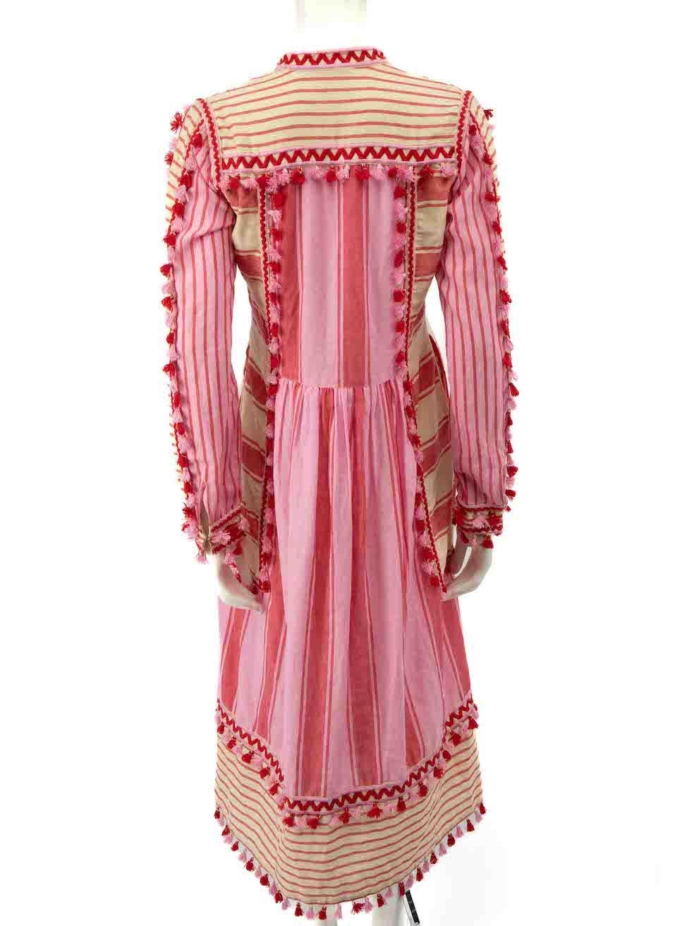 Dodo Bar Or Pink Striped Tassel V Neck Midi Dress Size M In Excellent Condition For Sale In London, GB