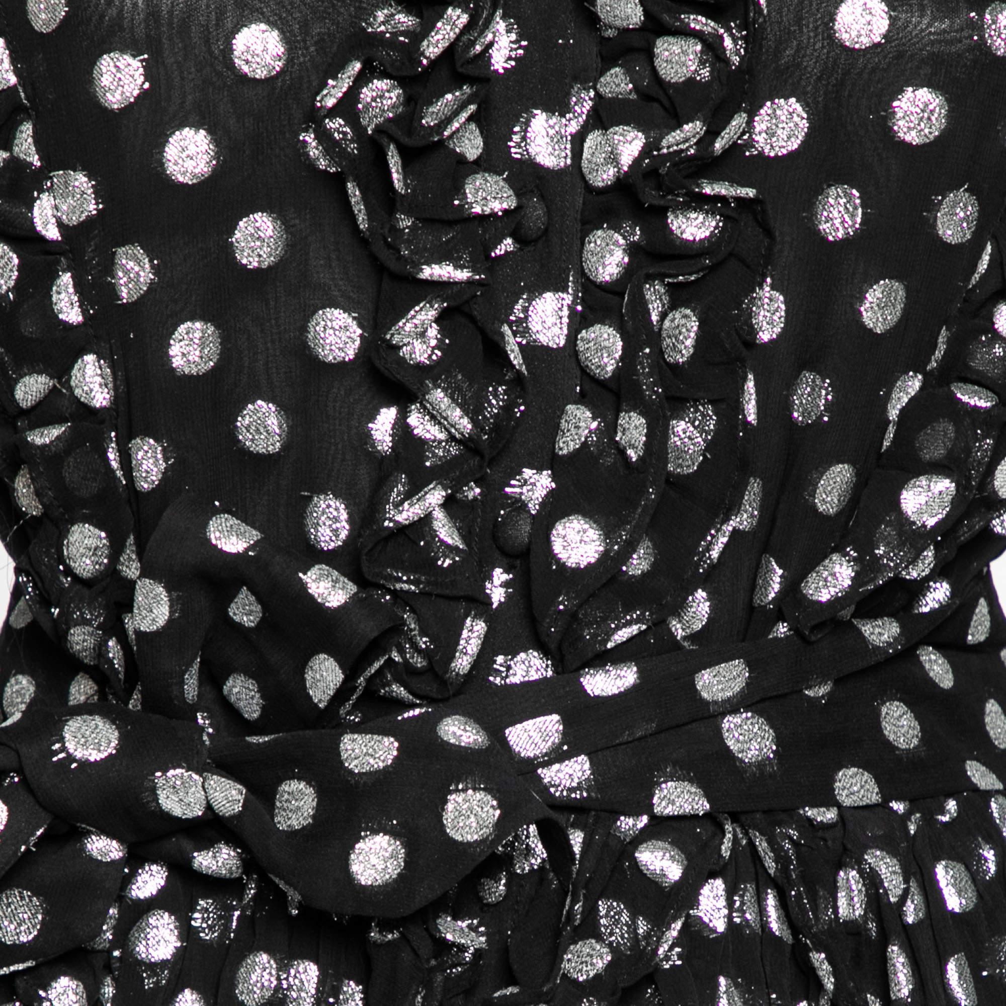Dodo Baror Black & Silver Polka Dotted Chiffon Ruffle Trimmed Belted Dress M In Good Condition For Sale In Dubai, Al Qouz 2