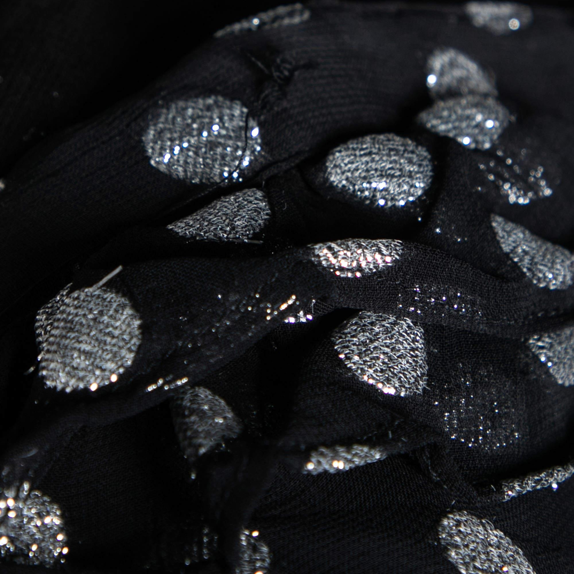 Dodo Baror Black & Silver Polka Dotted Chiffon Ruffle Trimmed Belted Dress M For Sale 3