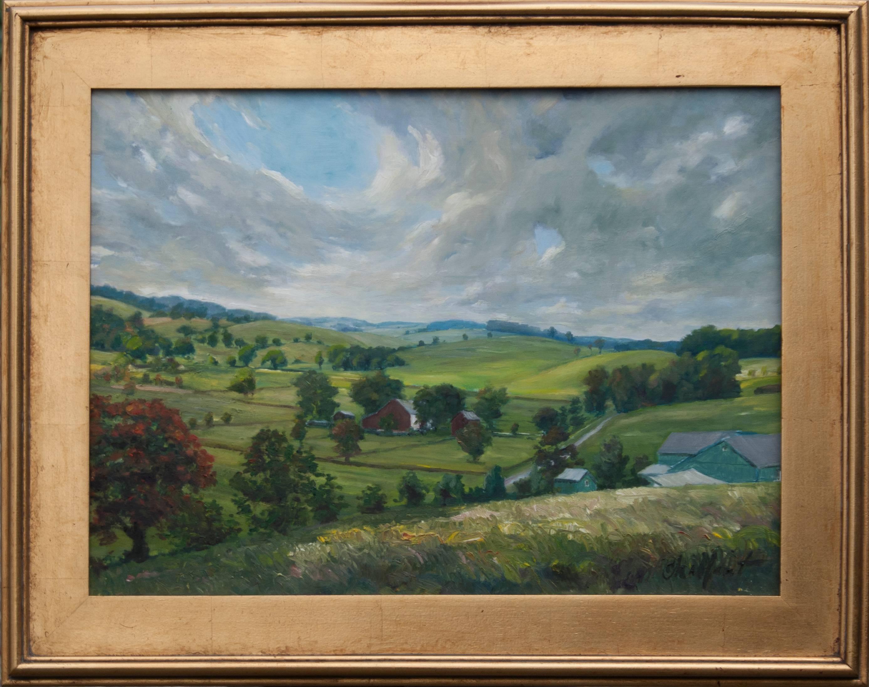 This piece was initiated for a plein air event in early fall. The weather is the story with high winds, rain, thunder and lighting which finally chased me to cover. I had to return in similar conditions to finish at a later date.