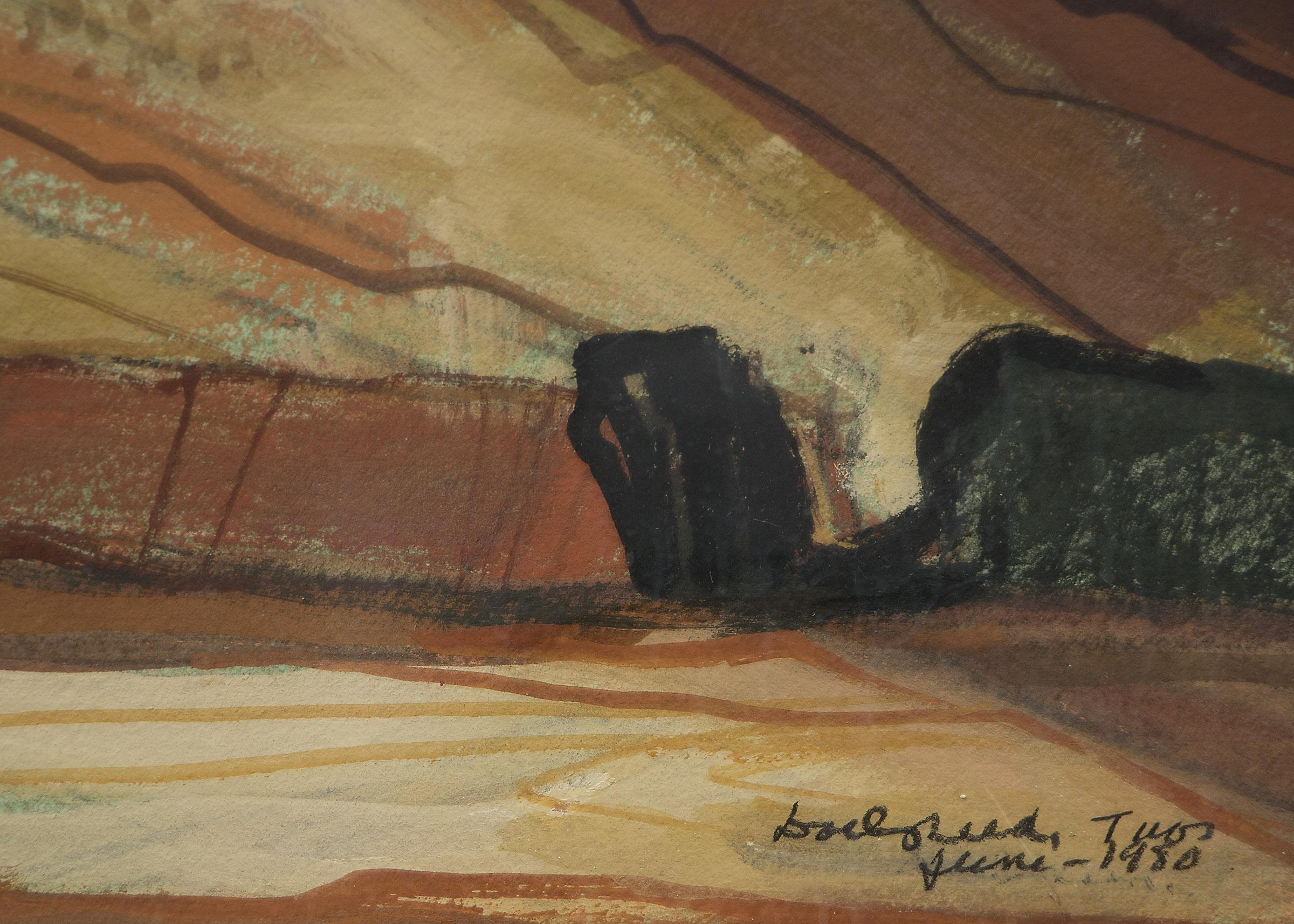 Spring Storm, original vintage painting by New Mexico & Oklahoma modernist, Doel Reed (1894-1985).  Evening scene with hint of a moon, clouds and rain over a rocky western landscape with low mountains/buttes, dated, June 1980 and signed by the