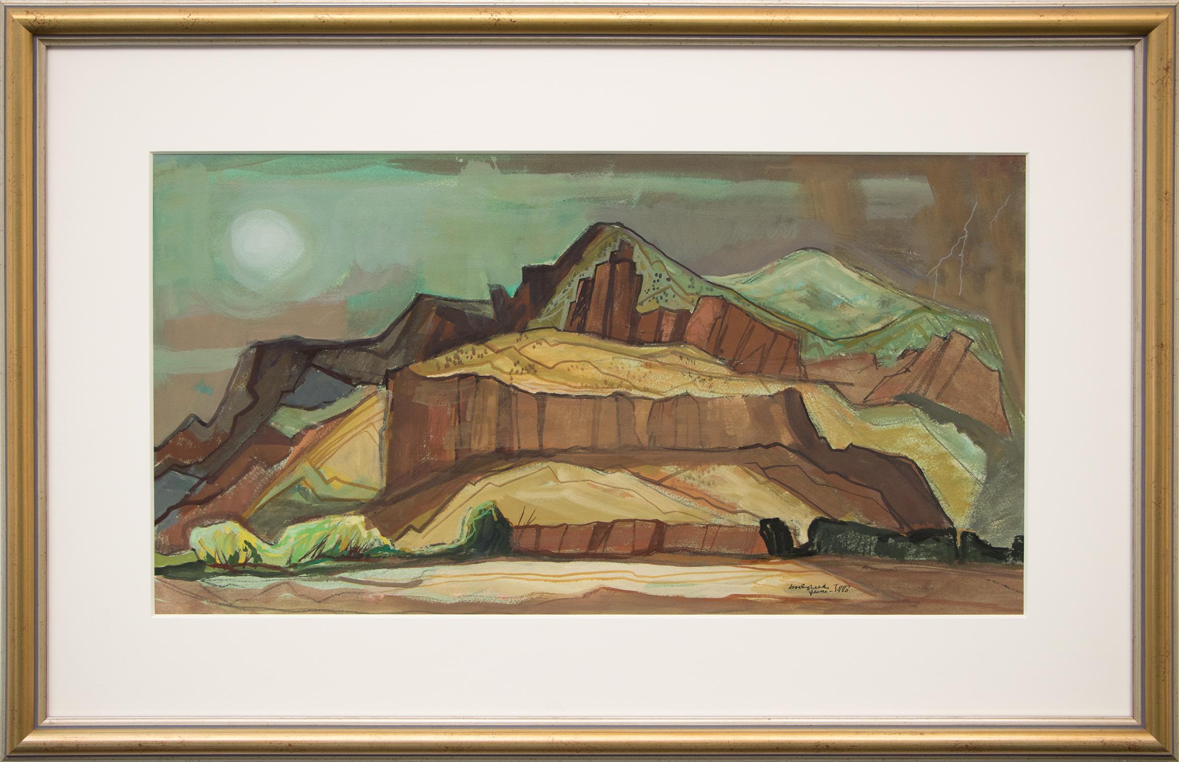 Peinture en caséine de paysage moderniste du sud-ouest du Nouveau-Mexique, tempête de printemps