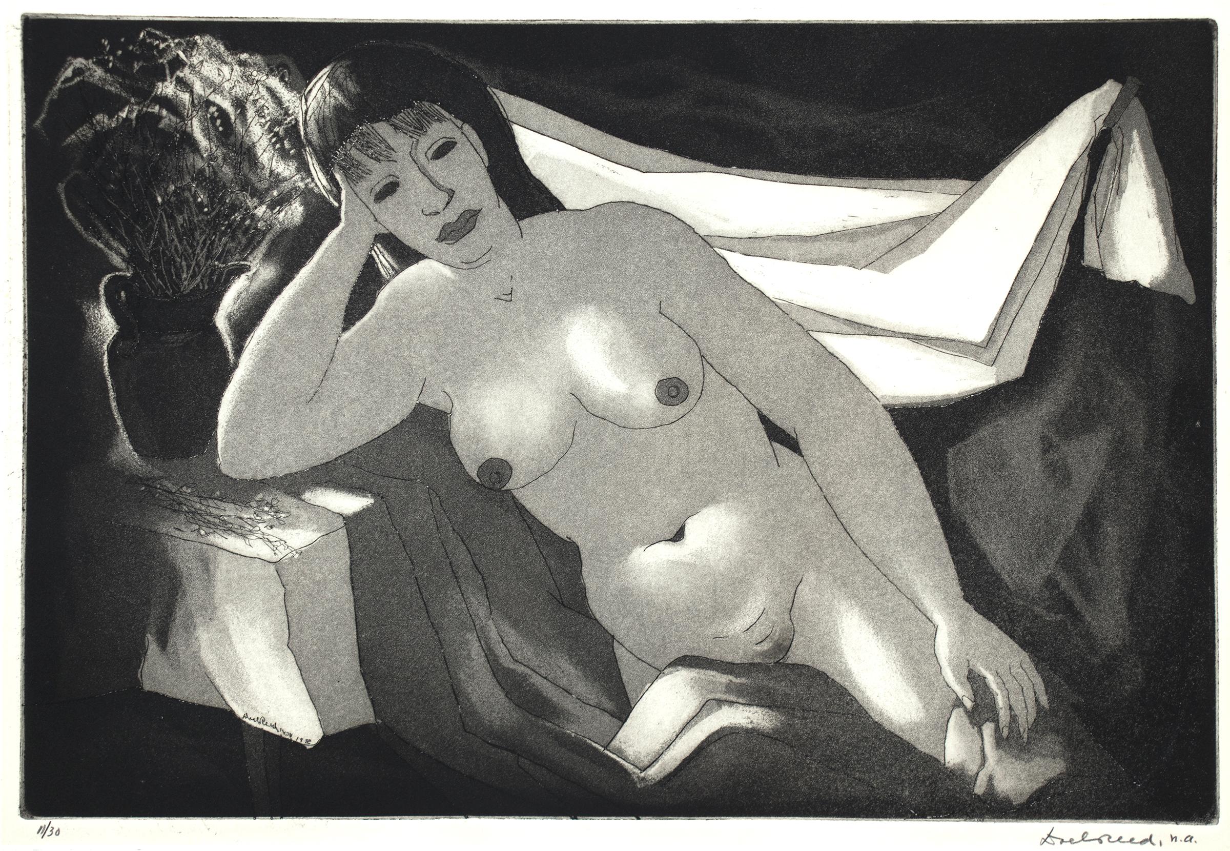Nude mit Winterstrauß, Vintage Modernist Schwarz-Weiß-Radierung, weibliche Figur – Print von Doel Reed