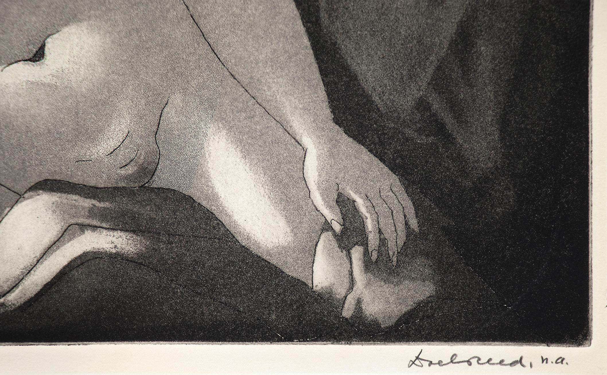 Nude mit Winterstrauß, Vintage Modernist Schwarz-Weiß-Radierung, weibliche Figur (Amerikanische Moderne), Print, von Doel Reed