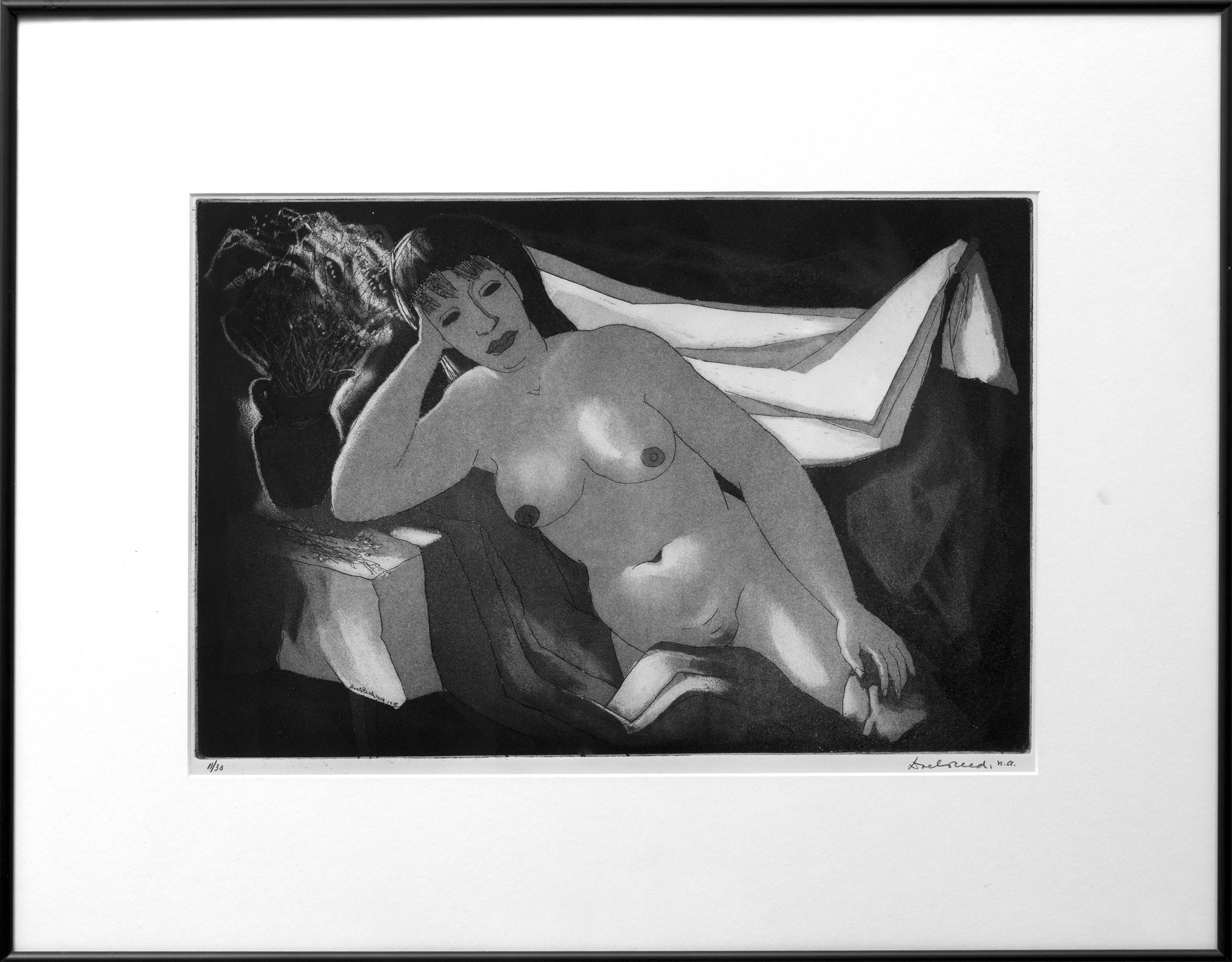 Nude with Winter Bouquet, Vintage Modernist Black & White Etching, Female Figure