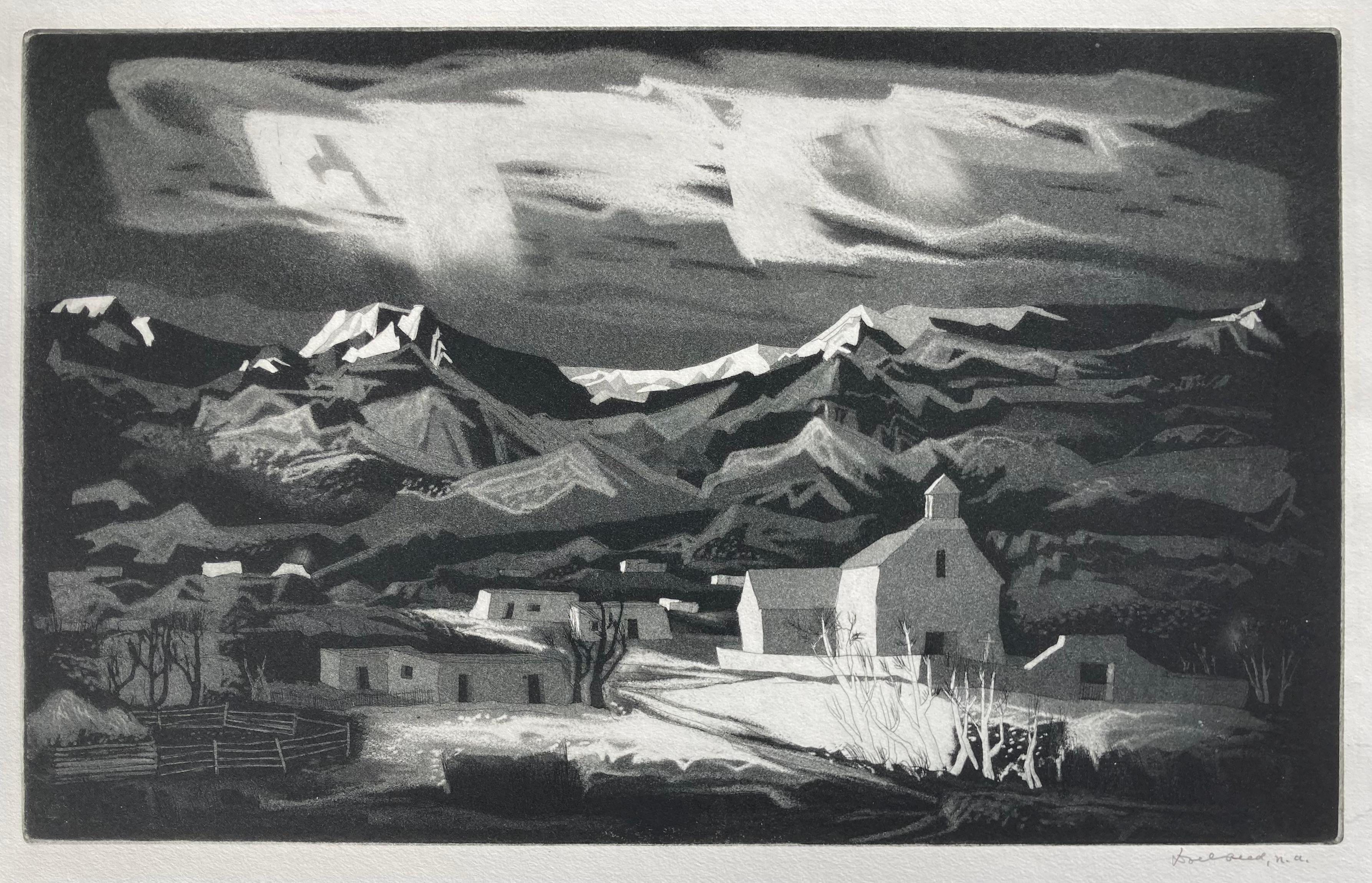 Doel Reed Landscape Print - PICURIS PUEBLO - WINTER