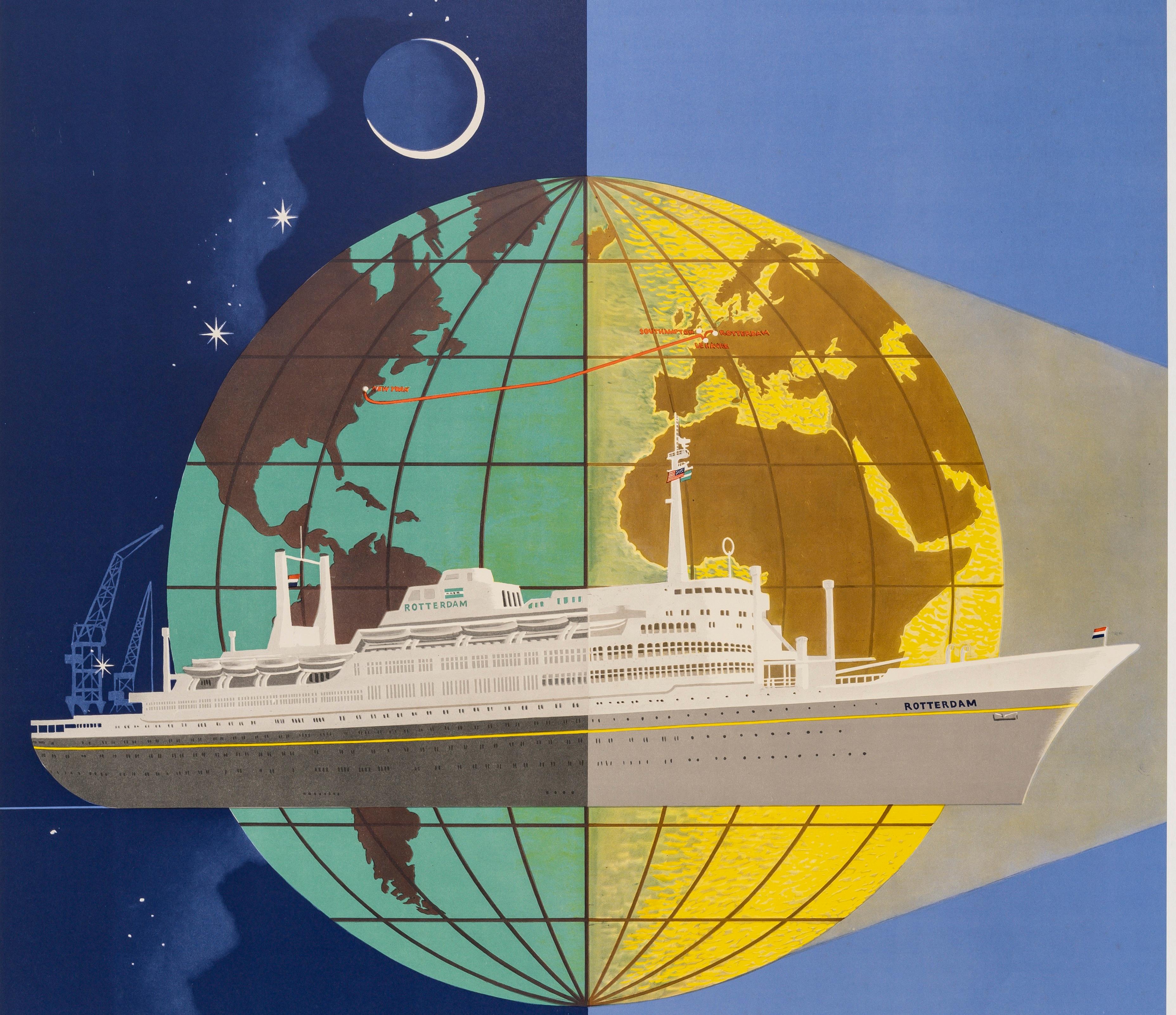 Mid-Century moderno Doeve, Poster originale d'epoca, SS Rotterdam Holland America Line, nave di linea, 1959 in vendita