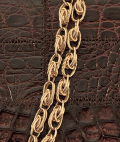 Dofan Paris Mid Brown Alligator Leather Handbag Chain Handle Gold Plated Frame