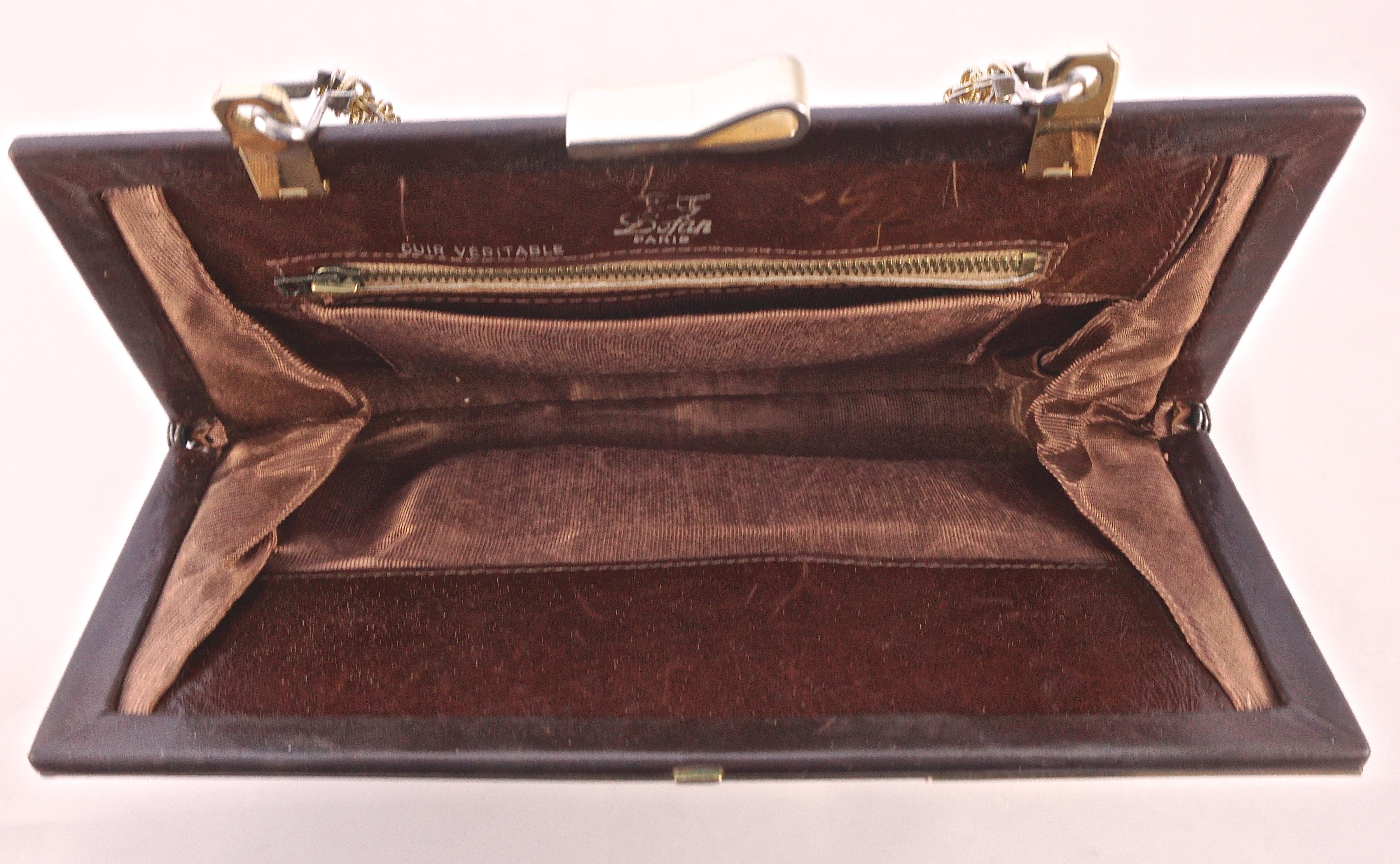 Dofan Paris Mid Brown Alligator Leather Handbag Chain Handle Gold Plated Frame 1