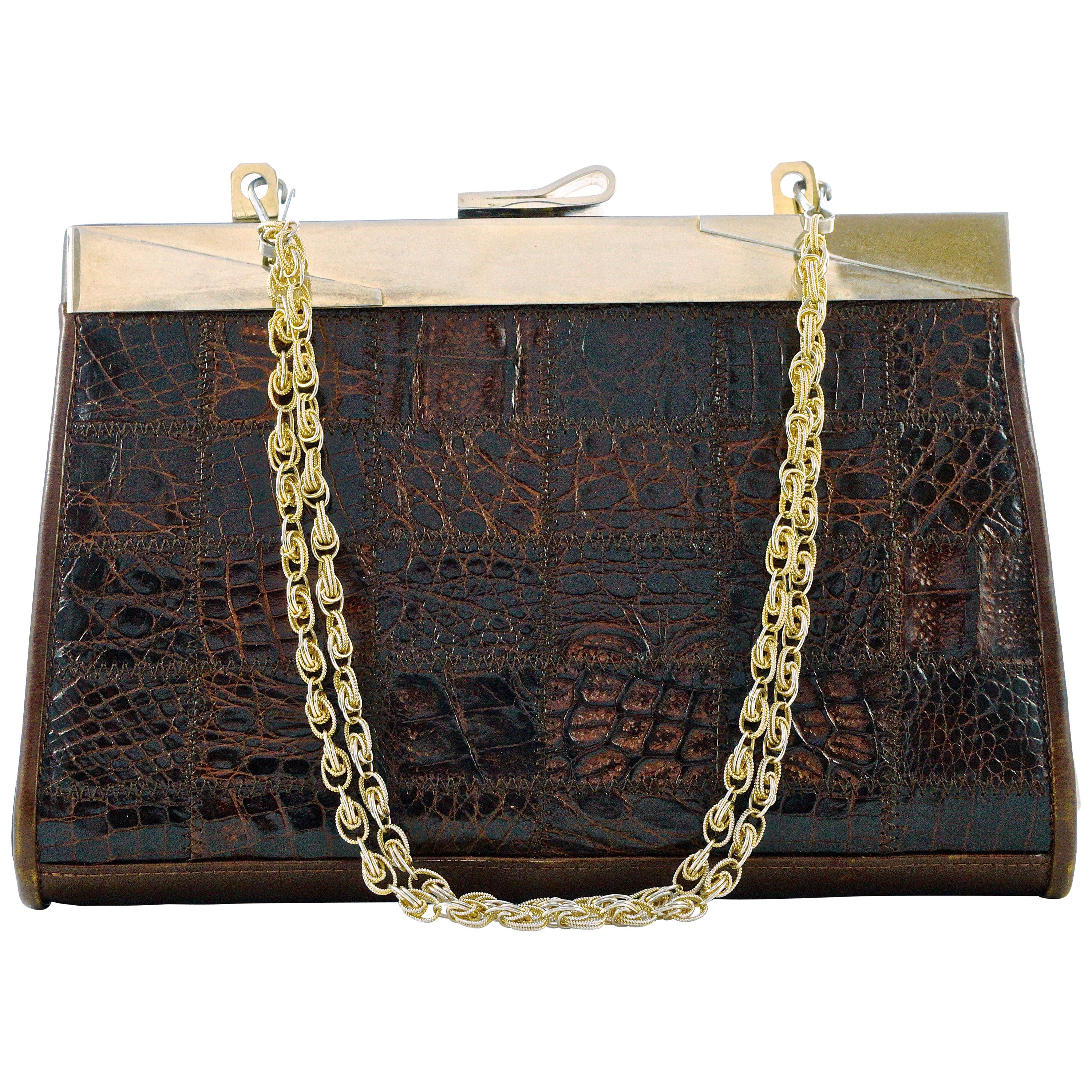 Dofan Paris Mid Brown Alligator Leather Handbag Chain Handle Gold Plated Frame