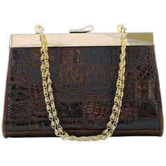 Vintage Dofan Paris Mid Brown Alligator Leather Handbag Chain Handle Gold Plated Frame