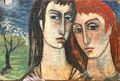 Mid Century Ölgemälde auf Papier auf Karton The Slade London Frau Künstler Paar