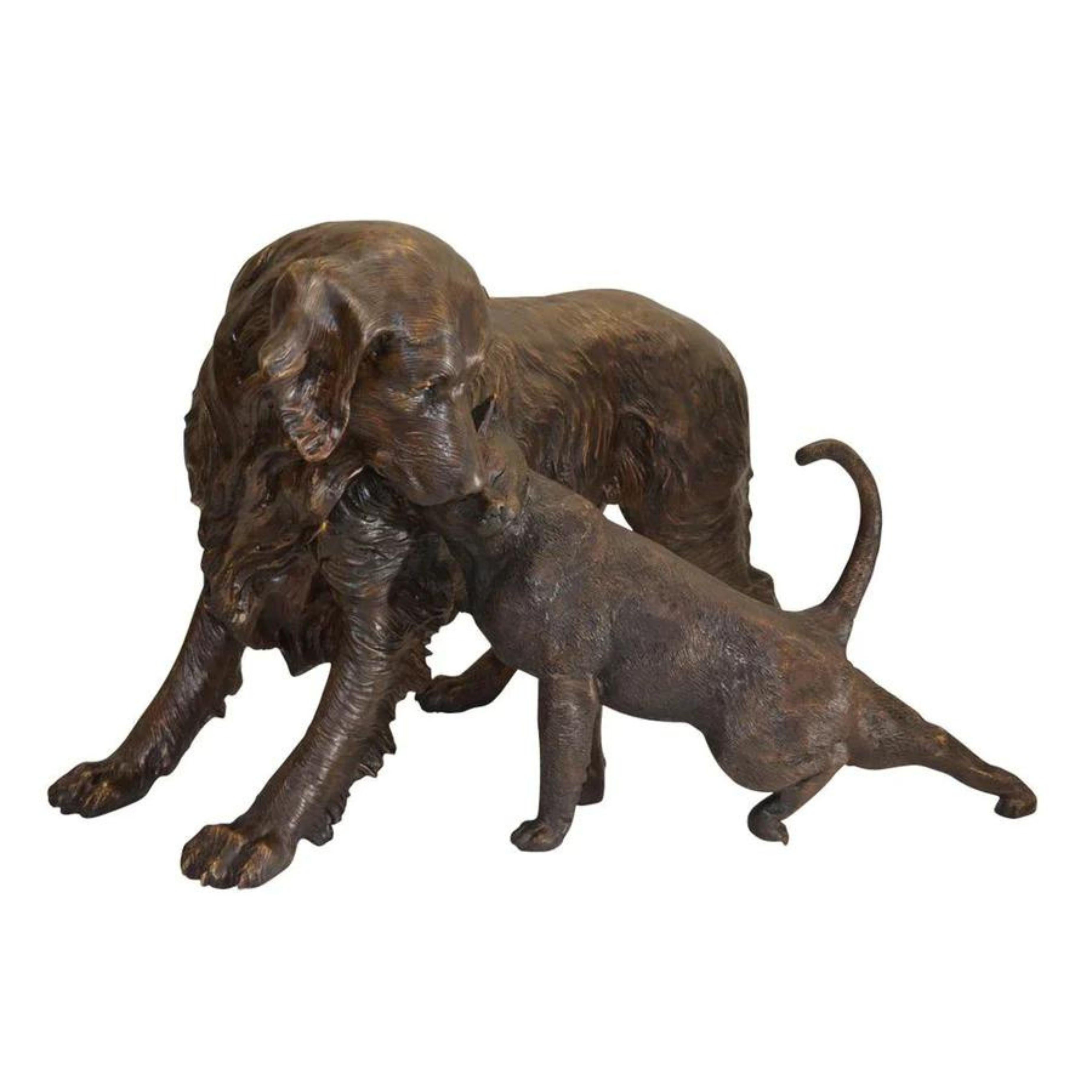 A beautifully designed moment captured forever with our limited edition, custom made lost-wax bronze statue. The golden retriever dog serenely looks down at the cat while it stretches forward, rubbing up against the dog. This intricately designed