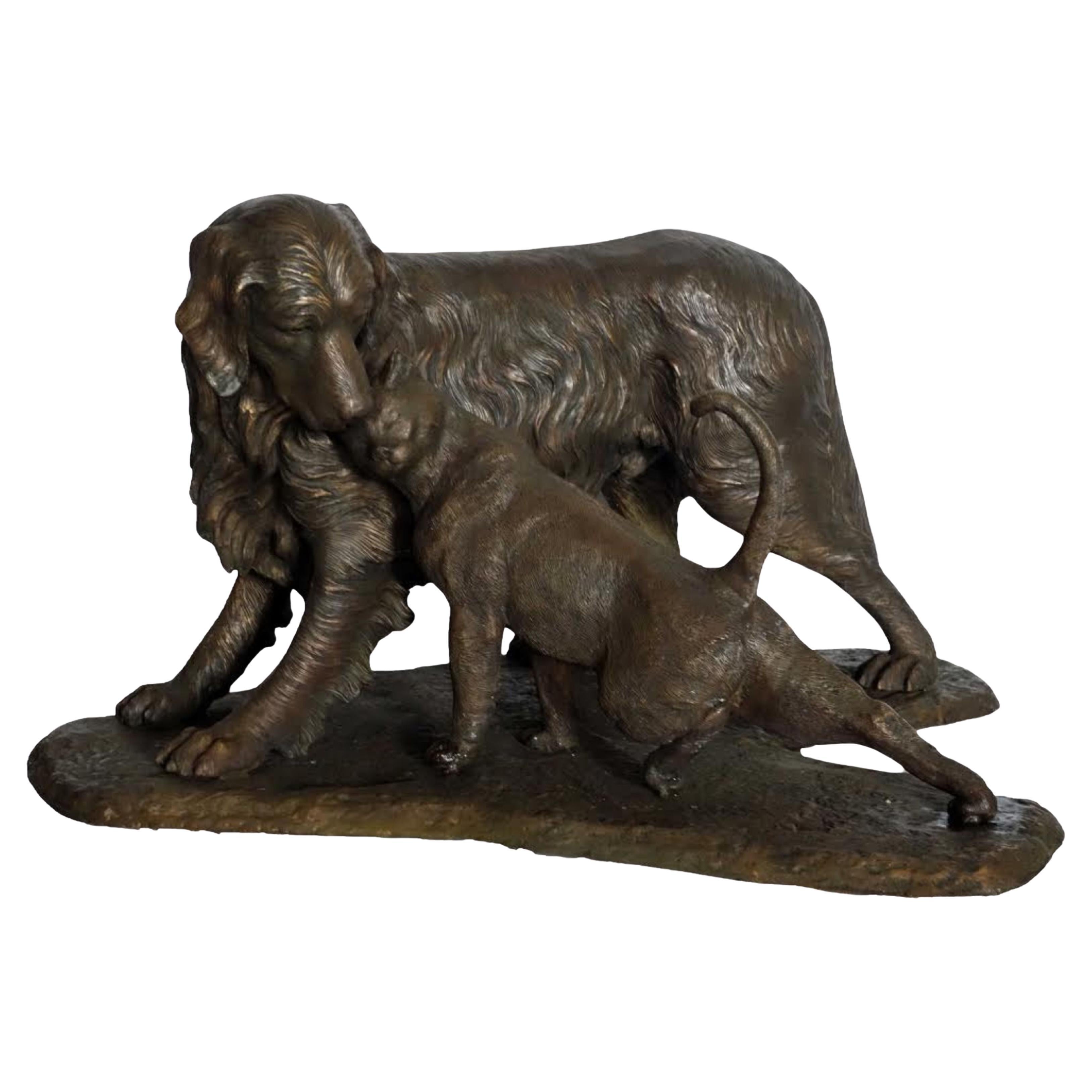 Dog and Cat Bronze Garden Statue, "Opposites Attract" For Sale