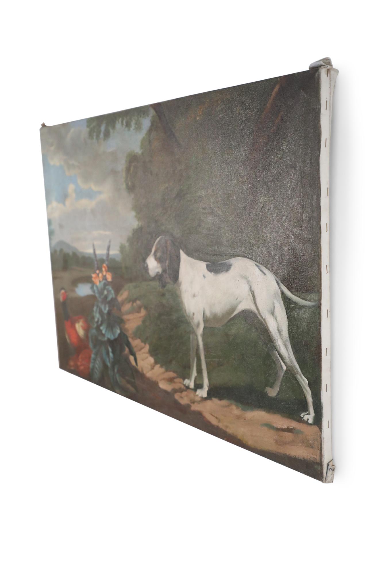 Vintage (20th Century) painting featuring a black and white dog looking through a blooming shrub towards a colorful red, white and black pheasant, amid a pastoral setting of rolling hills, green trees and a cloudy sky on unframed canvas.
 