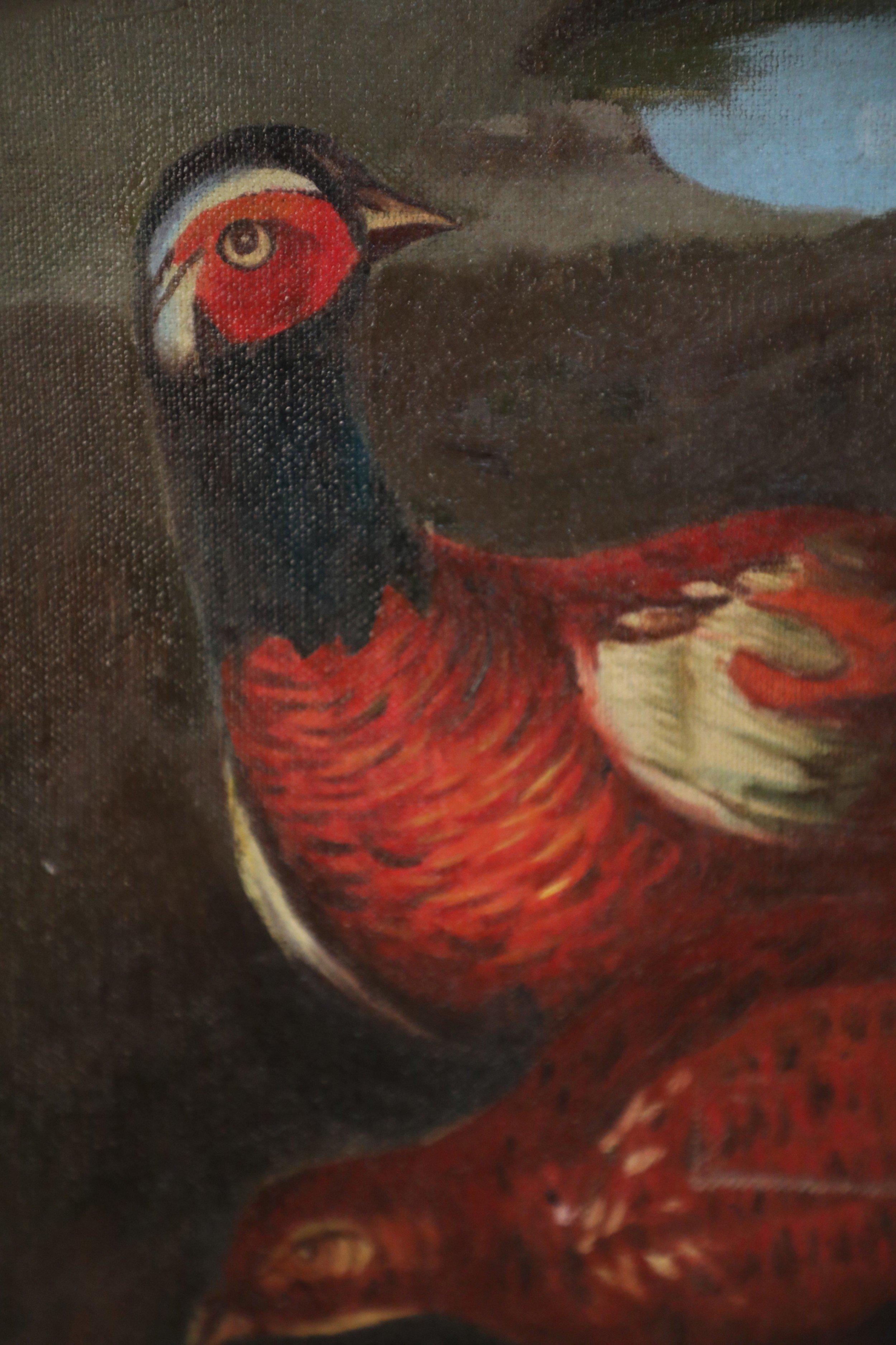 20th Century Dog and Pheasant Oil Painting on Canvas For Sale