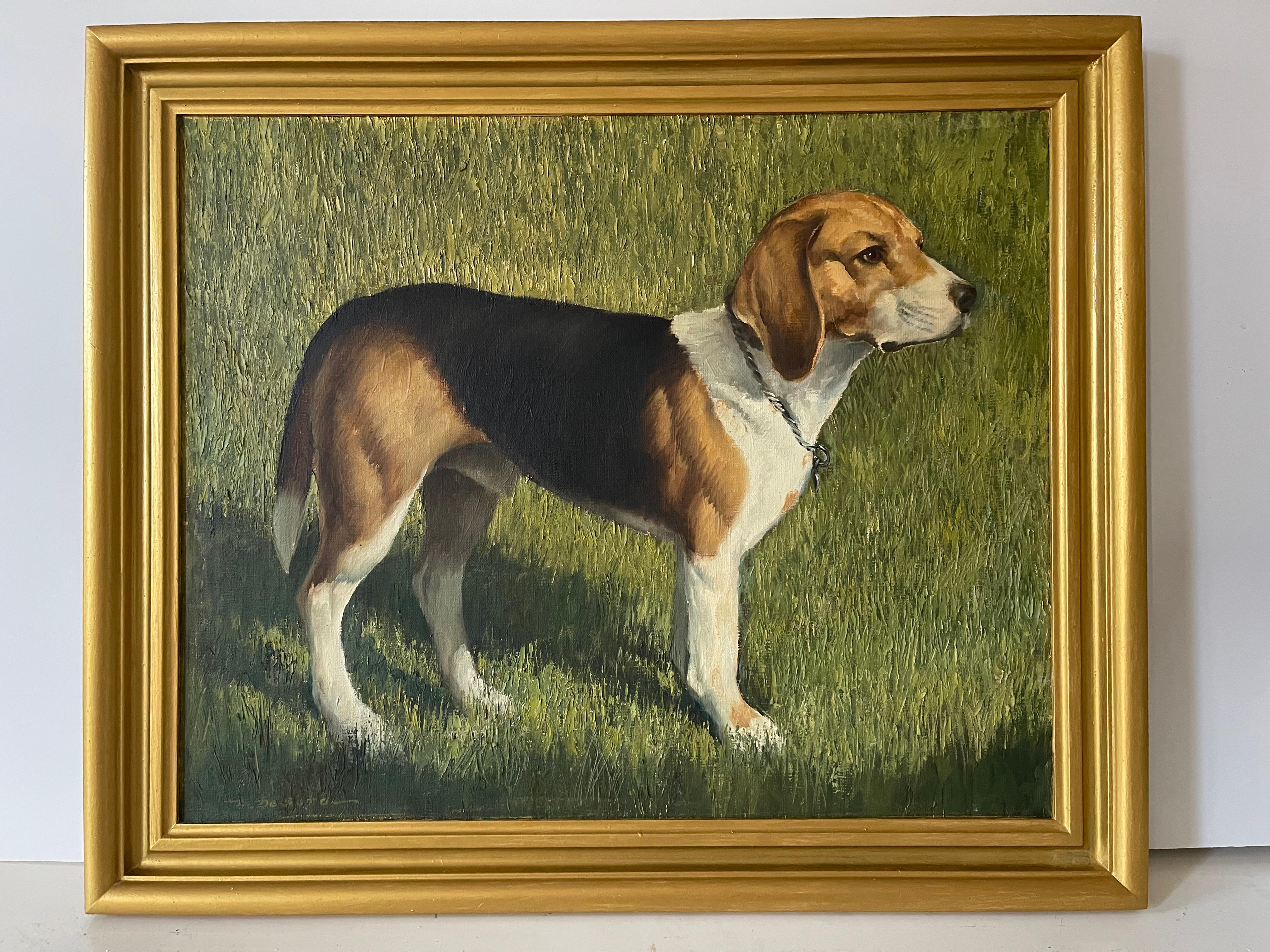 Spektakulär  Öl auf Leinwand Porträt eines Beagle-Hundes signiert links unten R.de Soto. In einem goldfarbenen Rahmen.