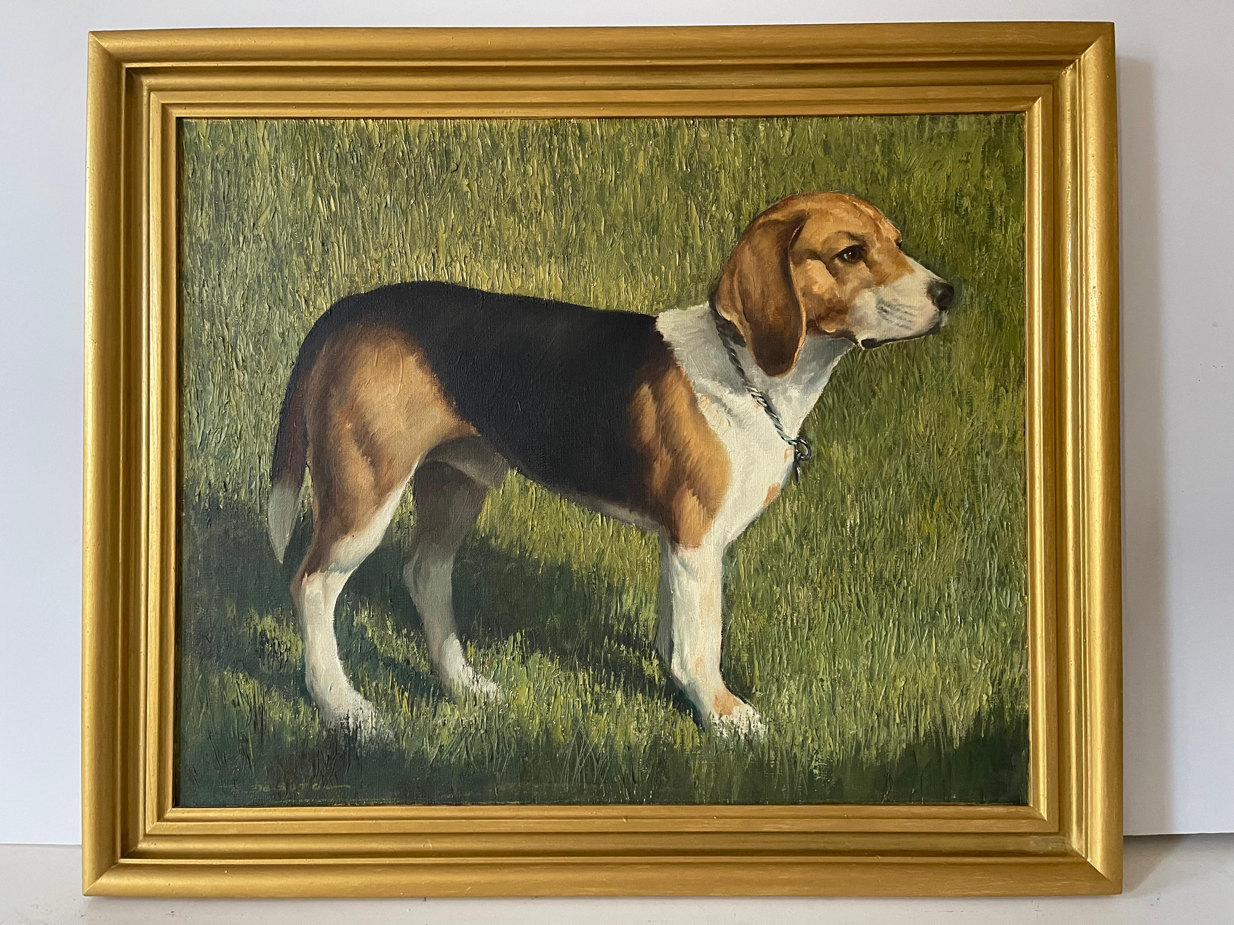 Dog Beagle Porträt auf Leinwand Gemälde signiert in Goldrahmen (Amerikanische Klassik) im Angebot