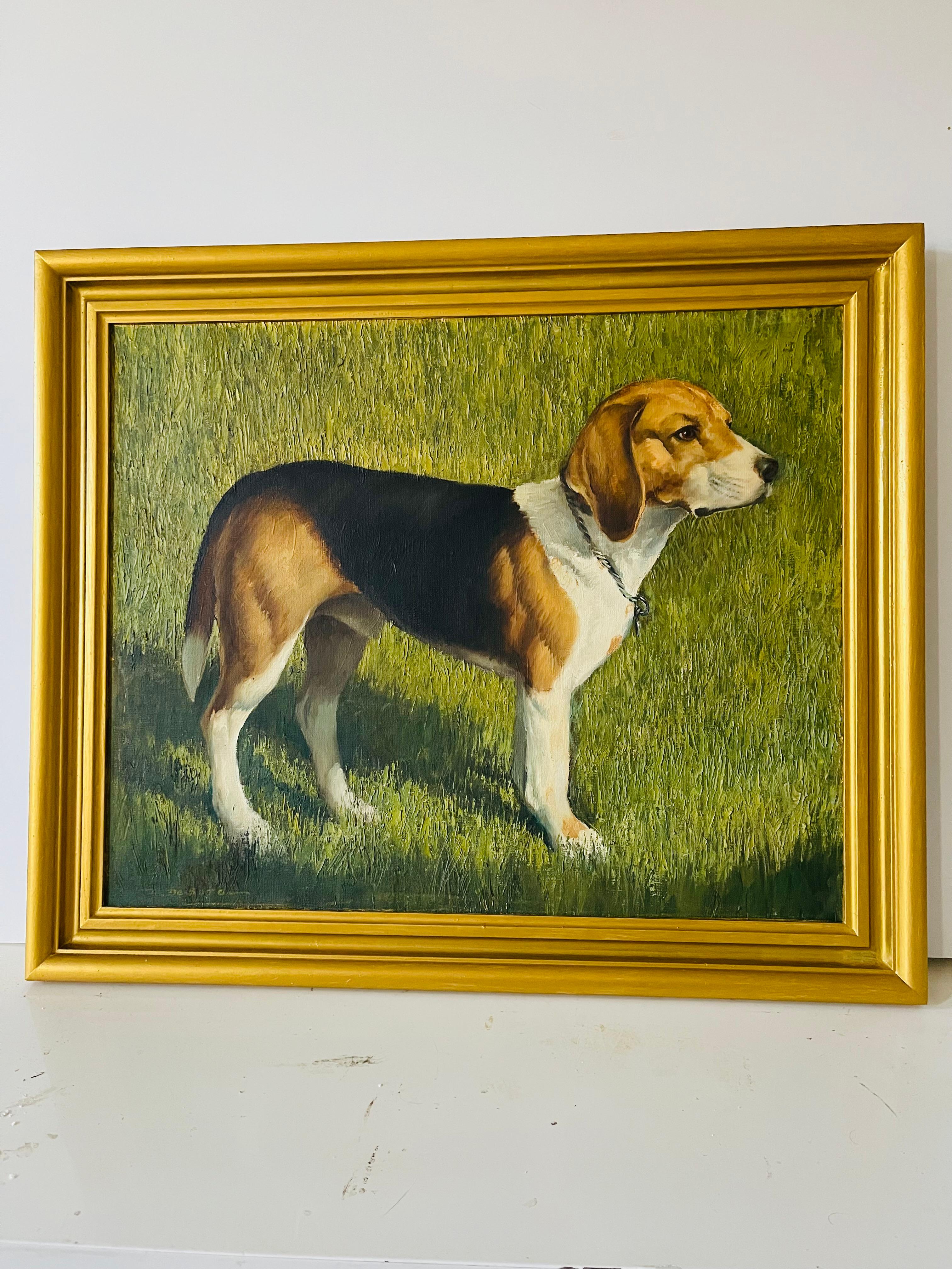 Dog Beagle Porträt auf Leinwand Gemälde signiert in Goldrahmen (amerikanisch) im Angebot
