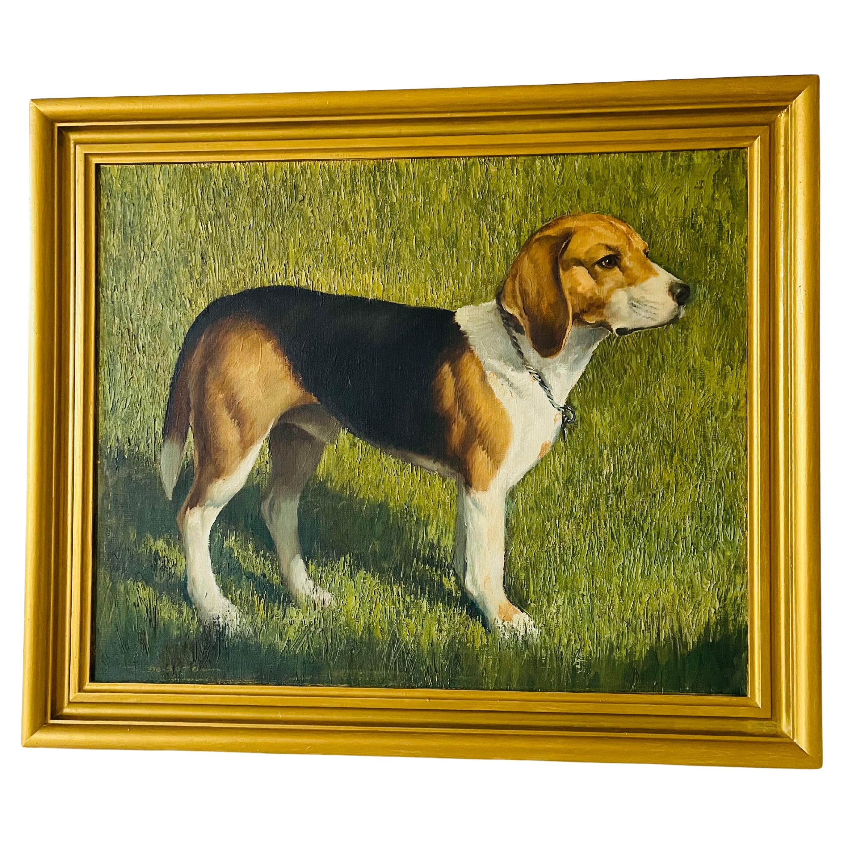 Perro Beagle Retrato En Lienzo Cuadro Firmado En Marco Dorado